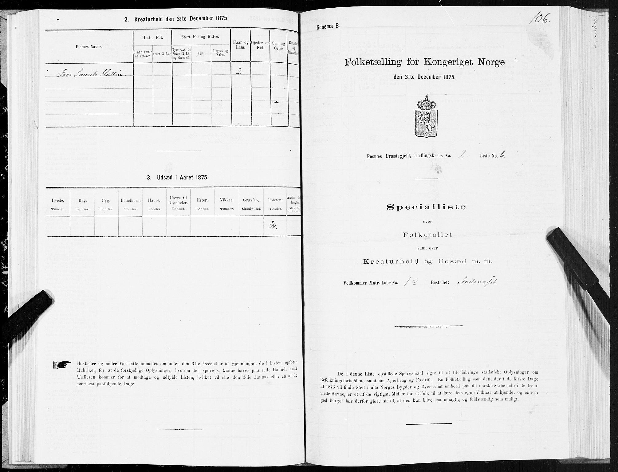 SAT, 1875 census for 1748P Fosnes, 1875, p. 3106