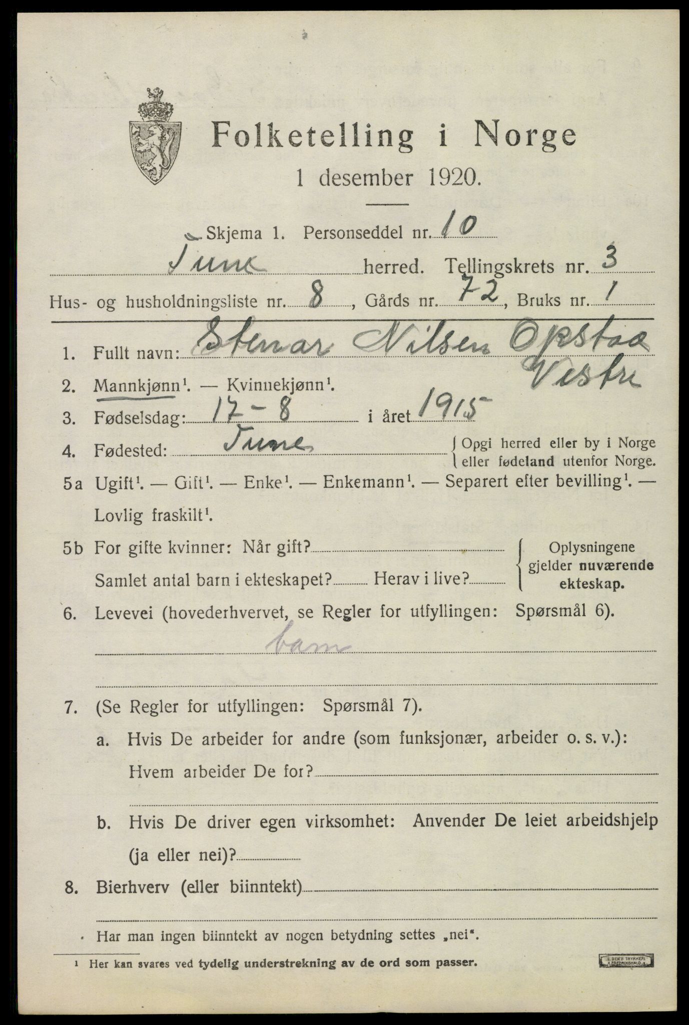 SAO, 1920 census for Tune, 1920, p. 3778