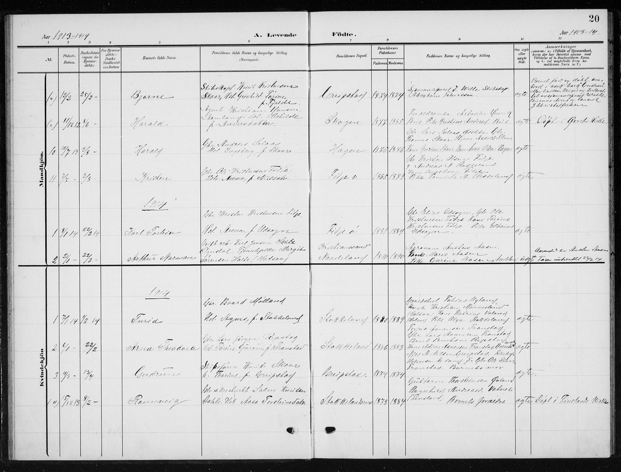 Søgne sokneprestkontor, SAK/1111-0037/F/Fb/Fba/L0005: Parish register (copy) no. B 5, 1904-1936, p. 20