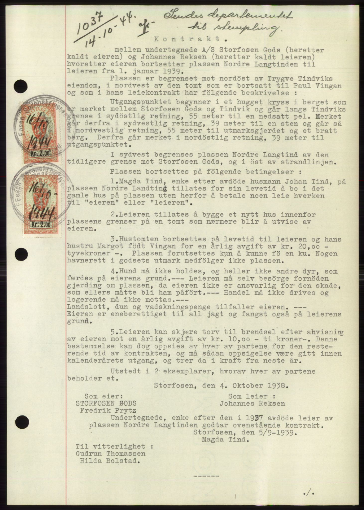 Fosen sorenskriveri, AV/SAT-A-1107/1/2/2C: Mortgage book no. B1, 1943-1946, Diary no: : 1037/1944