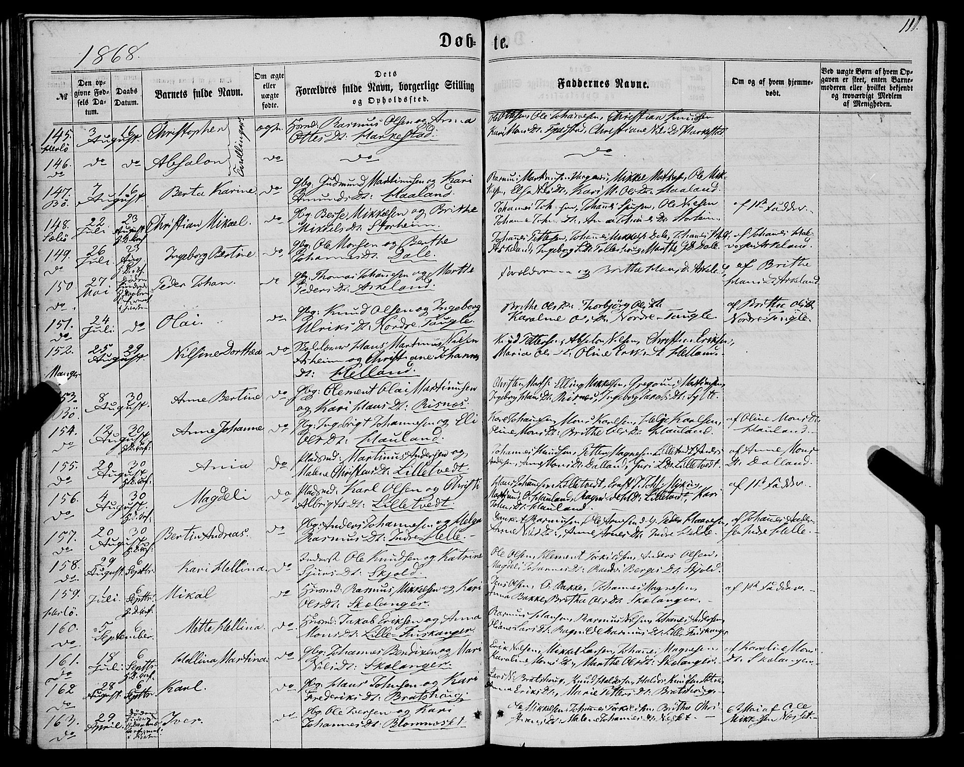 Manger sokneprestembete, SAB/A-76801/H/Haa: Parish register (official) no. A 7, 1860-1870, p. 111