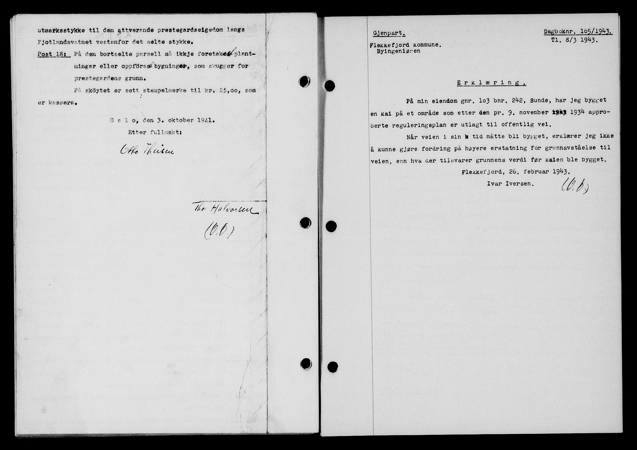 Flekkefjord sorenskriveri, SAK/1221-0001/G/Gb/Gba/L0058: Mortgage book no. A-6, 1942-1944, Diary no: : 165/1943