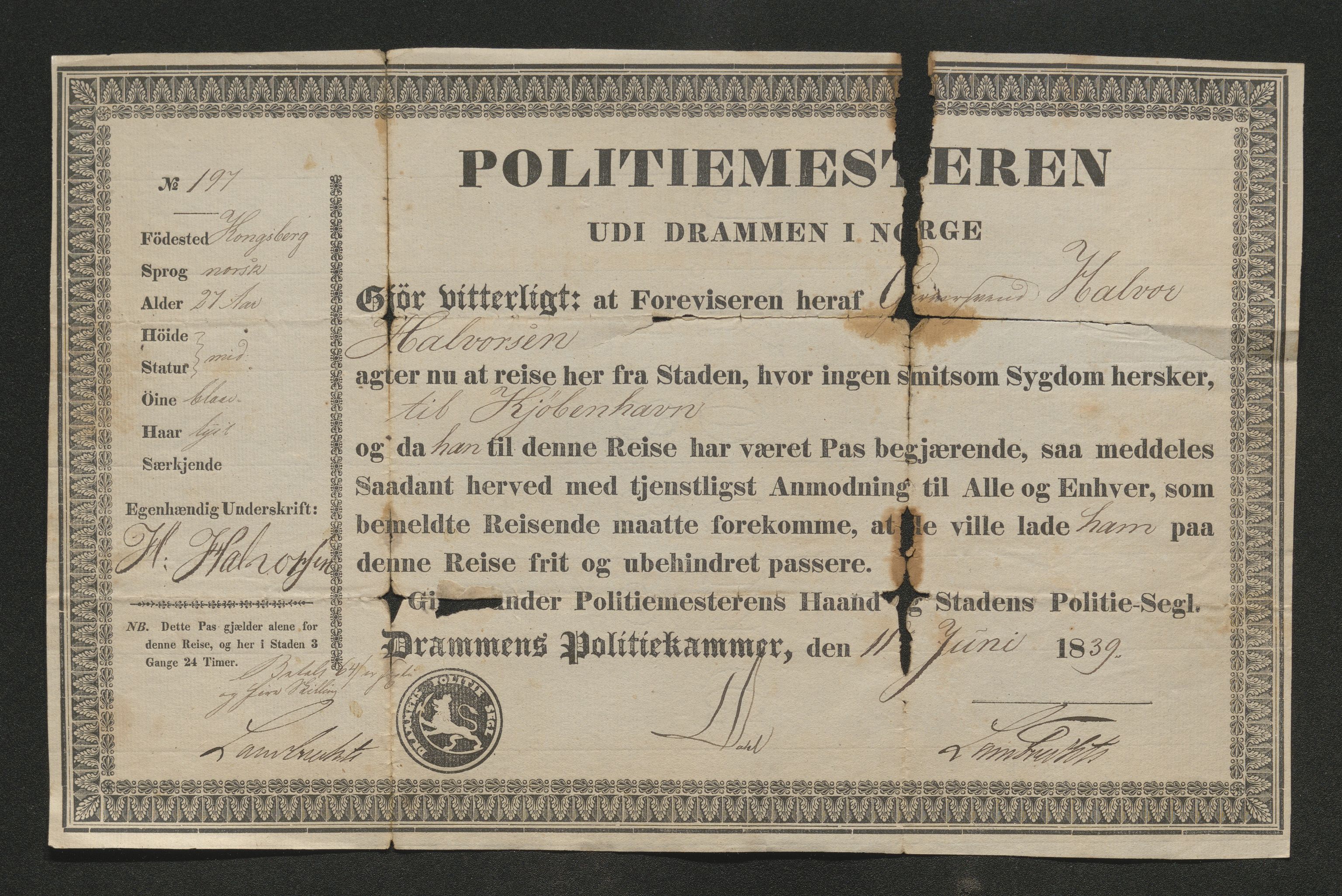 Drammen politikammer, SAKO/A-623/I/Ia/Iab/L0006: Innleverte pass, 1841-1842, p. 596