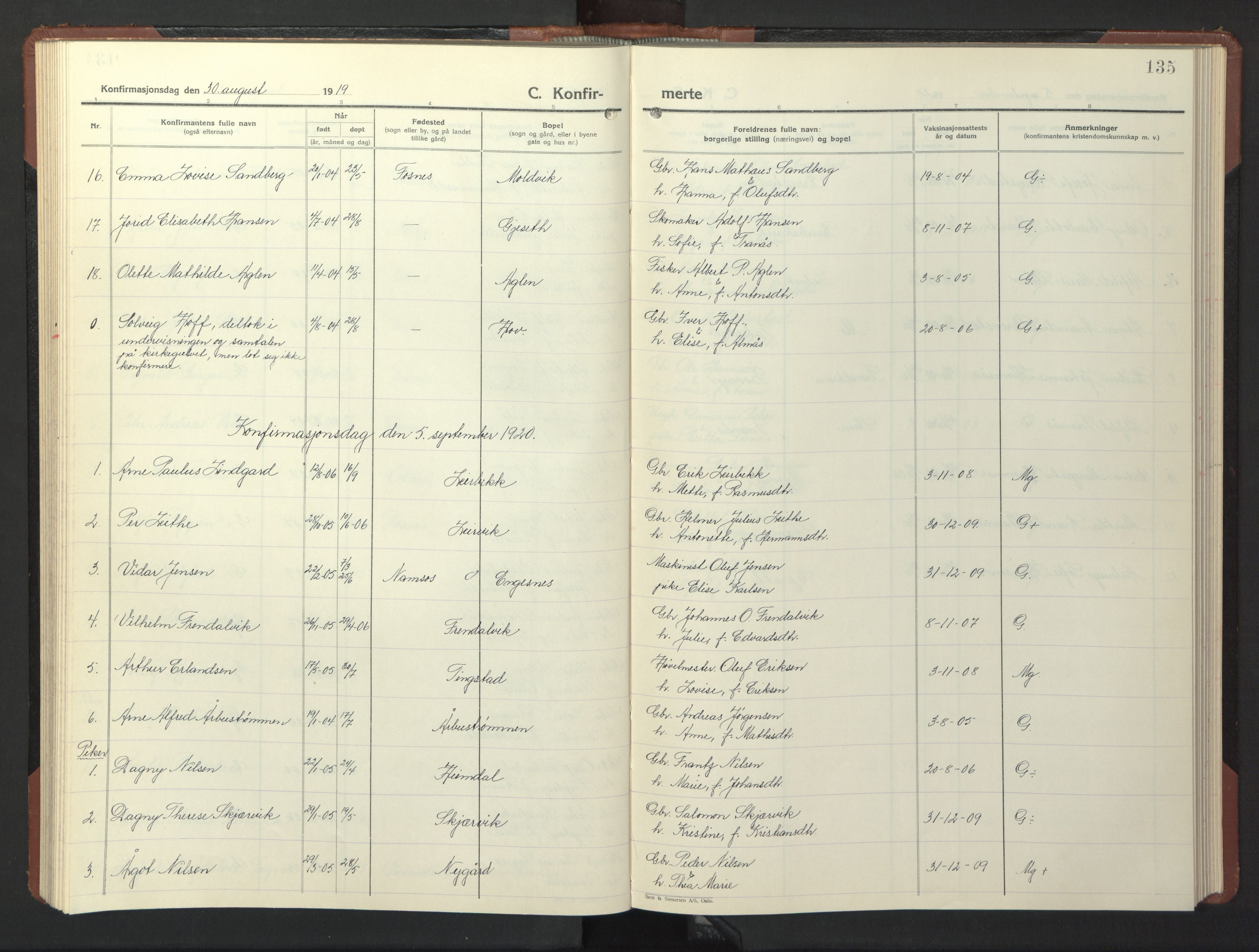 Ministerialprotokoller, klokkerbøker og fødselsregistre - Nord-Trøndelag, SAT/A-1458/773/L0625: Parish register (copy) no. 773C01, 1910-1952, p. 135