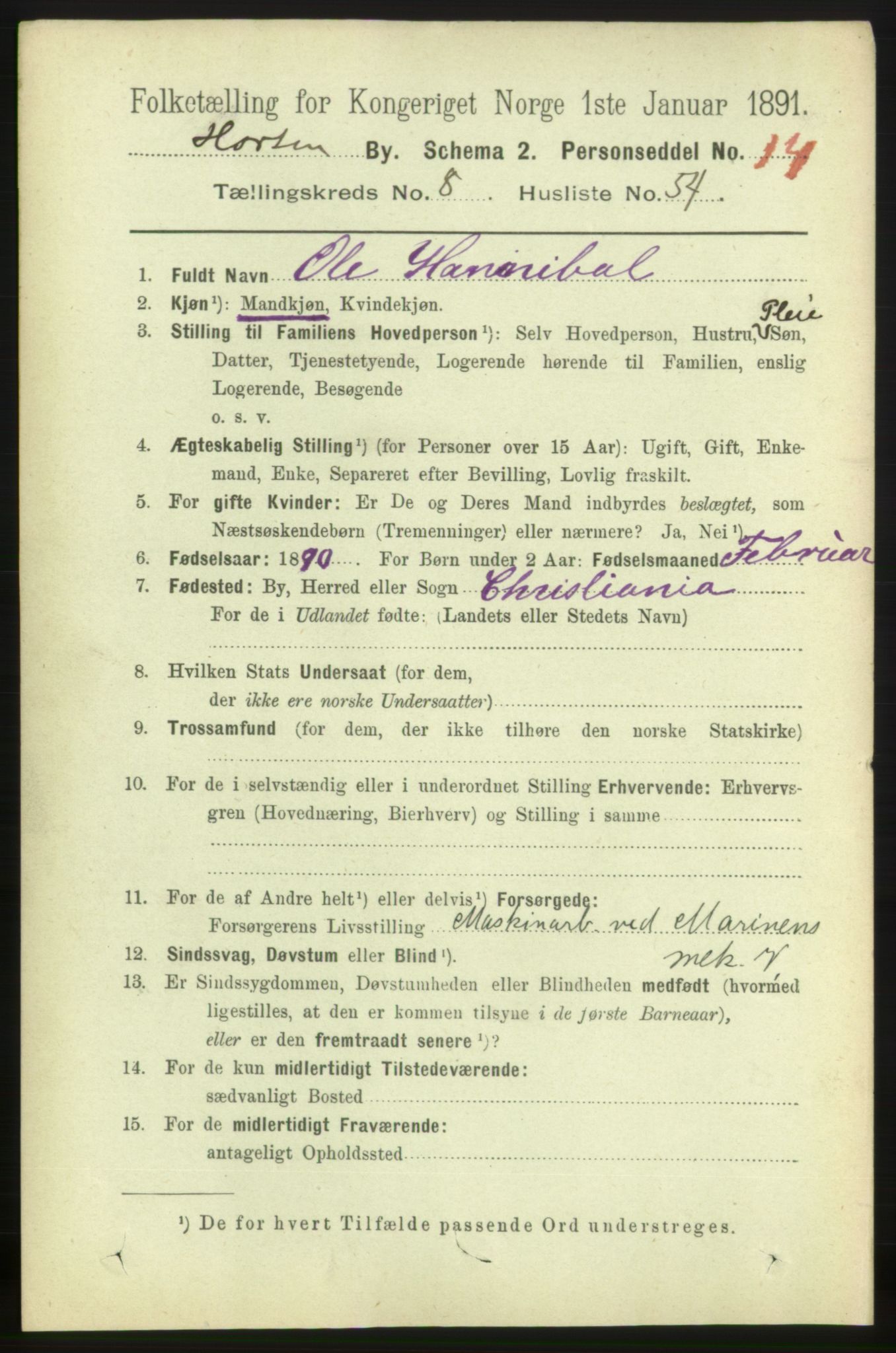 RA, 1891 census for 0703 Horten, 1891, p. 5521