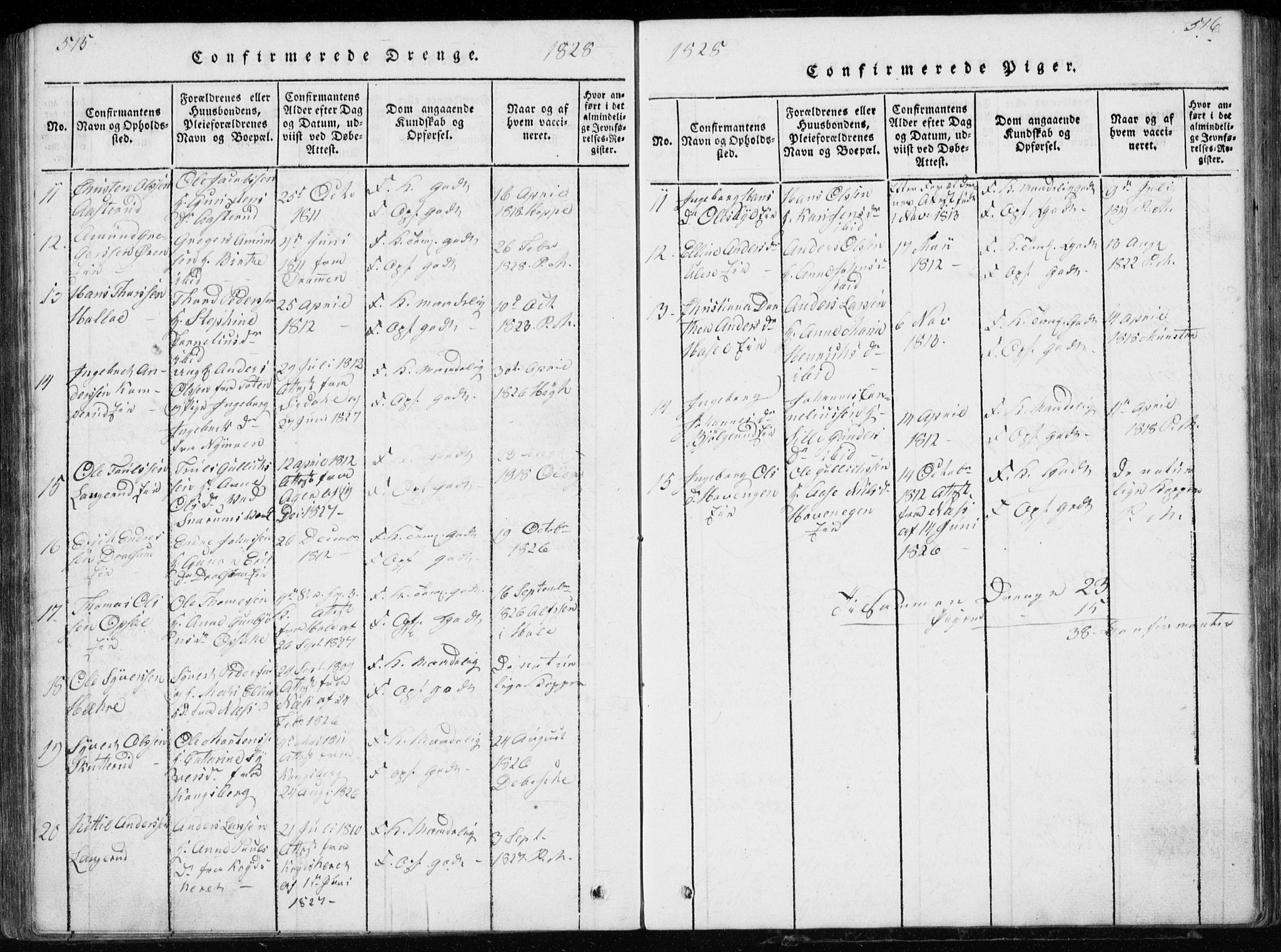 Modum kirkebøker, AV/SAKO-A-234/G/Ga/L0002: Parish register (copy) no. I 2, 1824-1832, p. 515-516