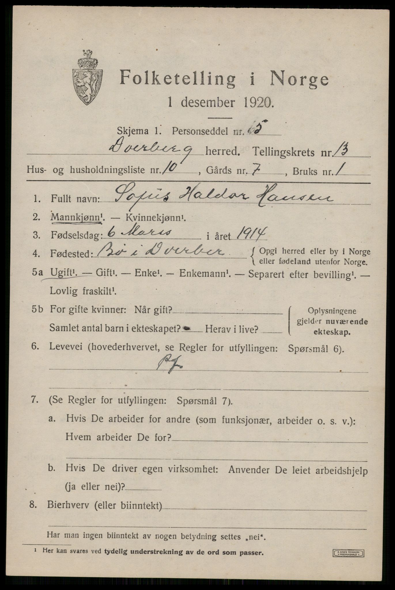 SAT, 1920 census for Dverberg, 1920, p. 10002