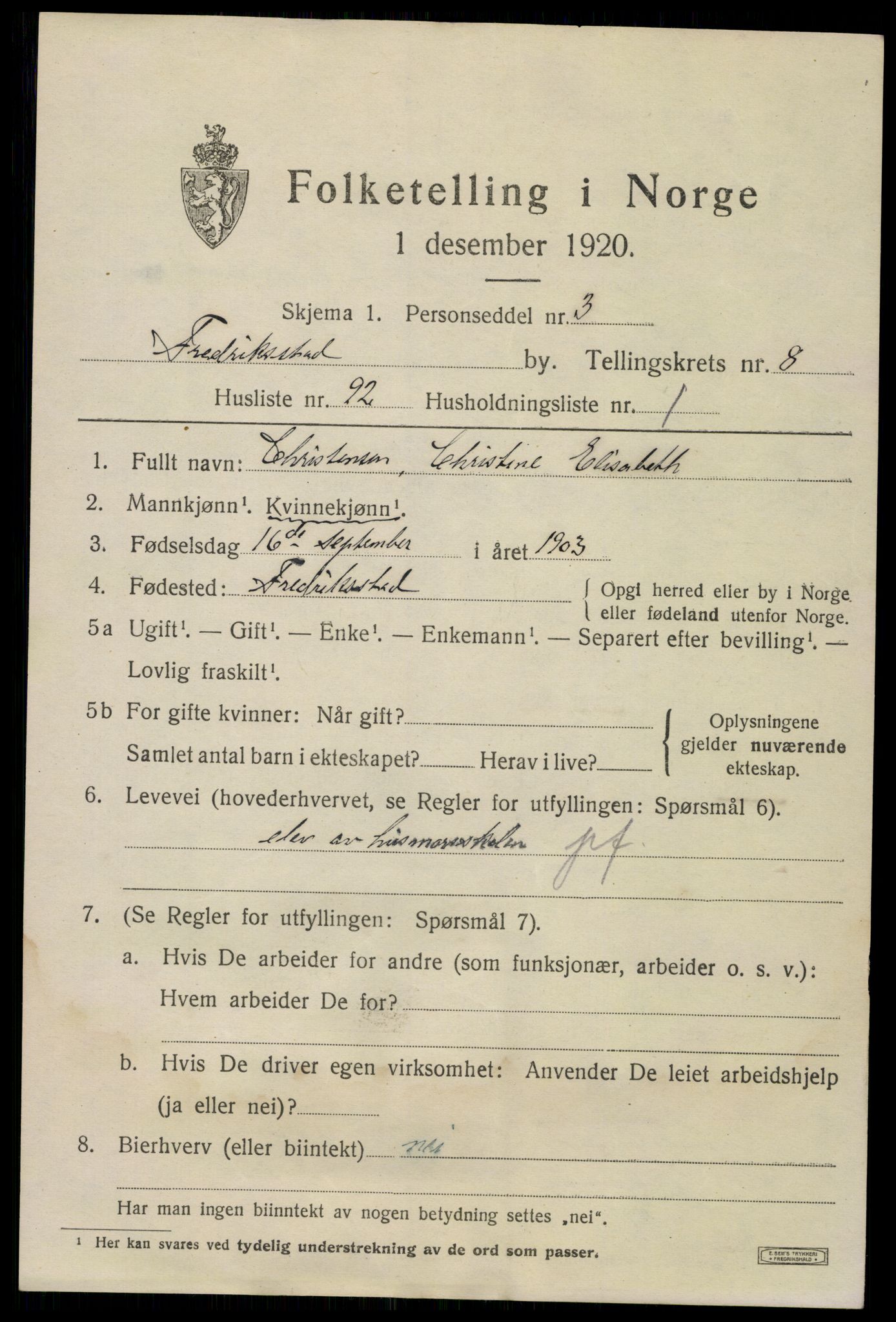 SAO, 1920 census for Fredrikstad, 1920, p. 25053