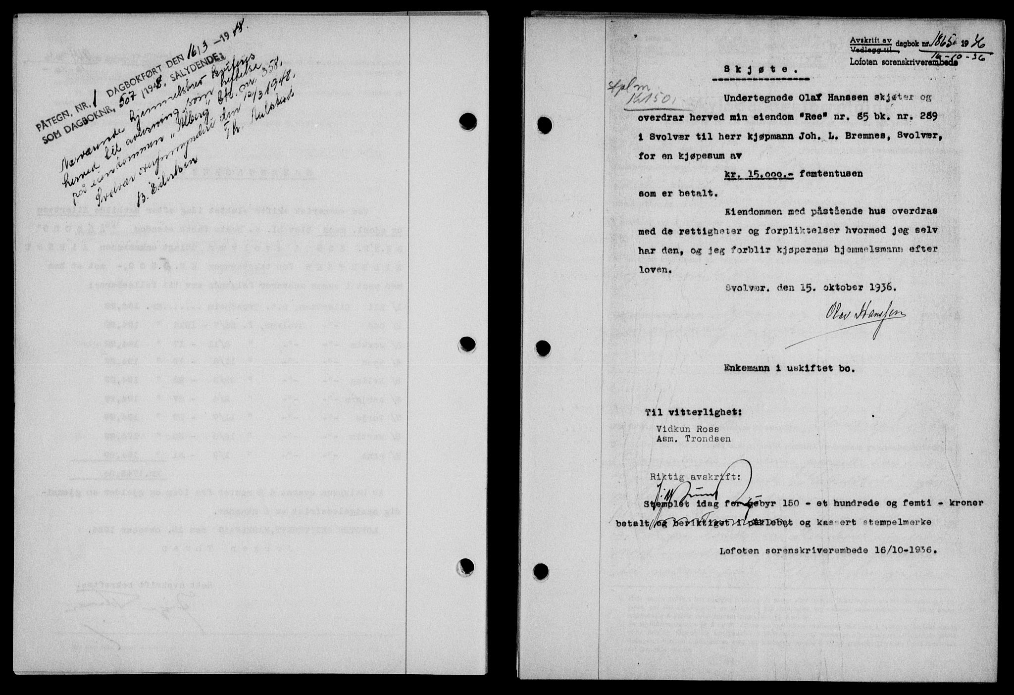 Lofoten sorenskriveri, SAT/A-0017/1/2/2C/L0001a: Mortgage book no. 1a, 1936-1937, Diary no: : 1865/1936