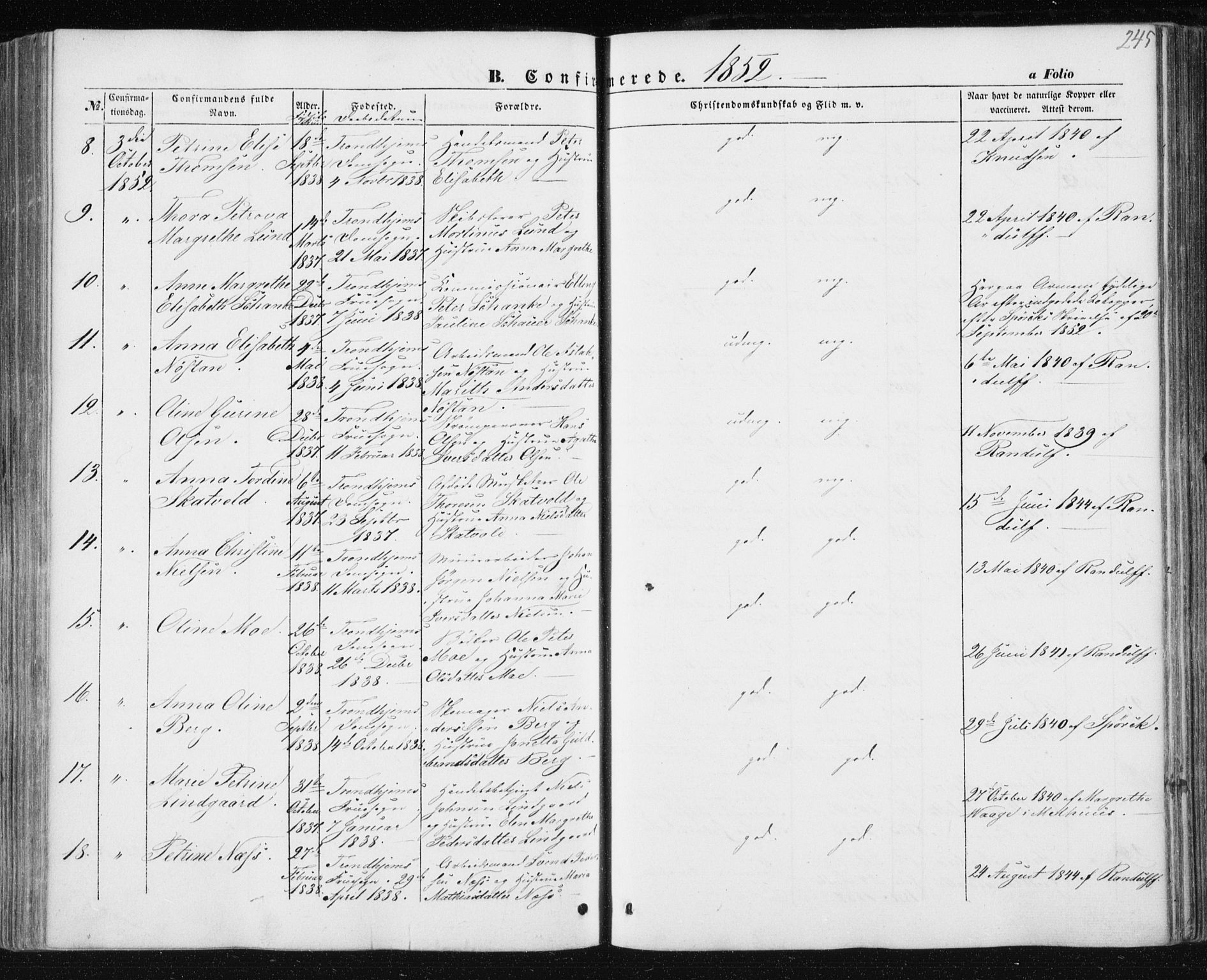 Ministerialprotokoller, klokkerbøker og fødselsregistre - Sør-Trøndelag, AV/SAT-A-1456/602/L0112: Parish register (official) no. 602A10, 1848-1859, p. 245