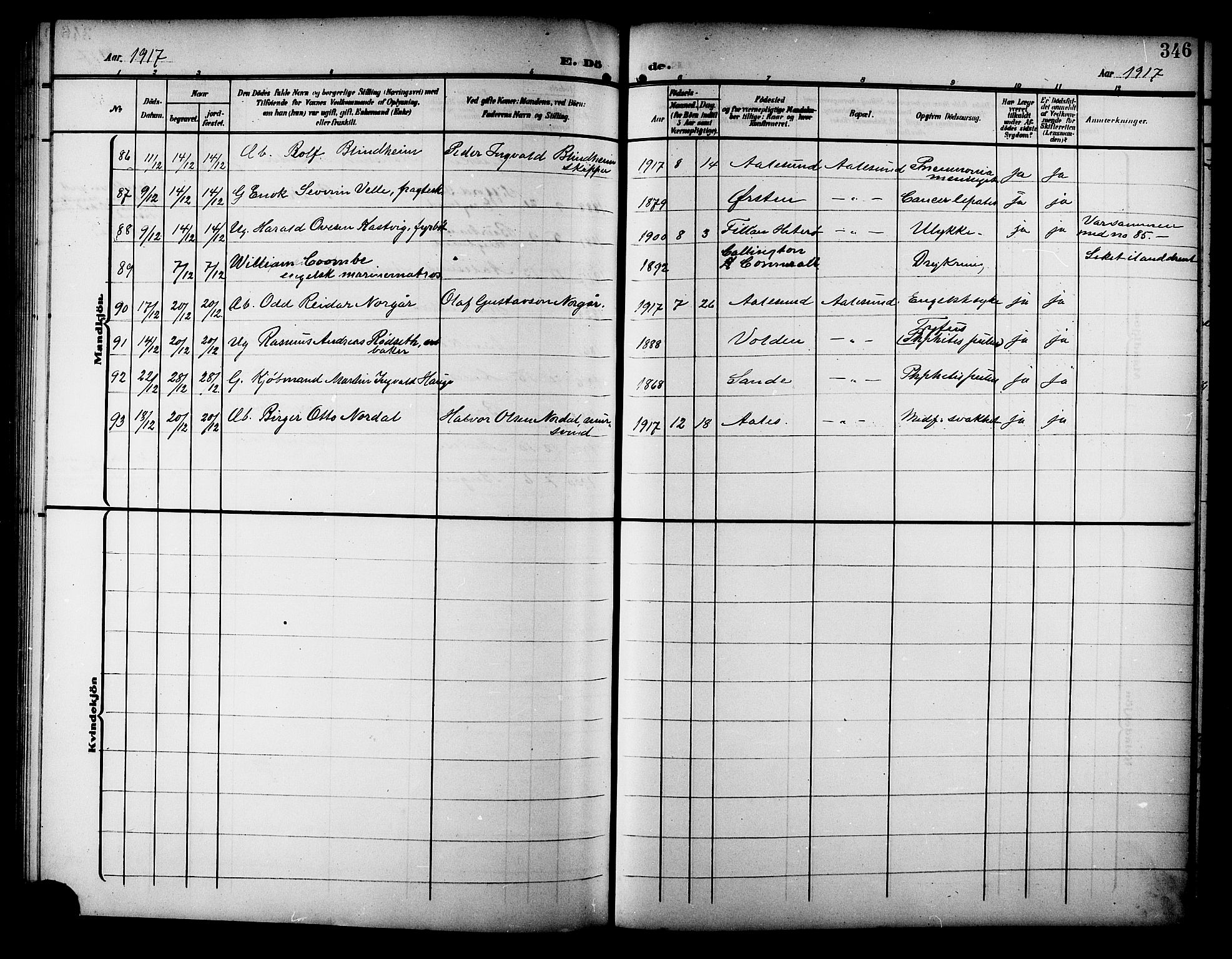 Ministerialprotokoller, klokkerbøker og fødselsregistre - Møre og Romsdal, AV/SAT-A-1454/529/L0470: Parish register (copy) no. 529C07, 1907-1917, p. 346