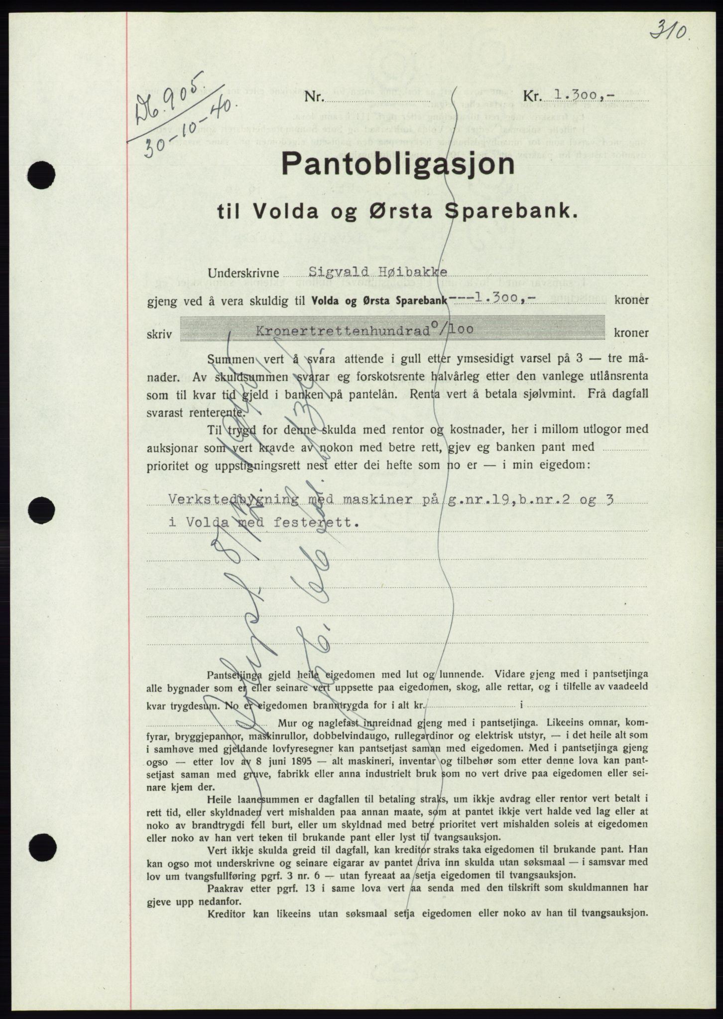 Søre Sunnmøre sorenskriveri, AV/SAT-A-4122/1/2/2C/L0070: Mortgage book no. 64, 1940-1941, Diary no: : 905/1940