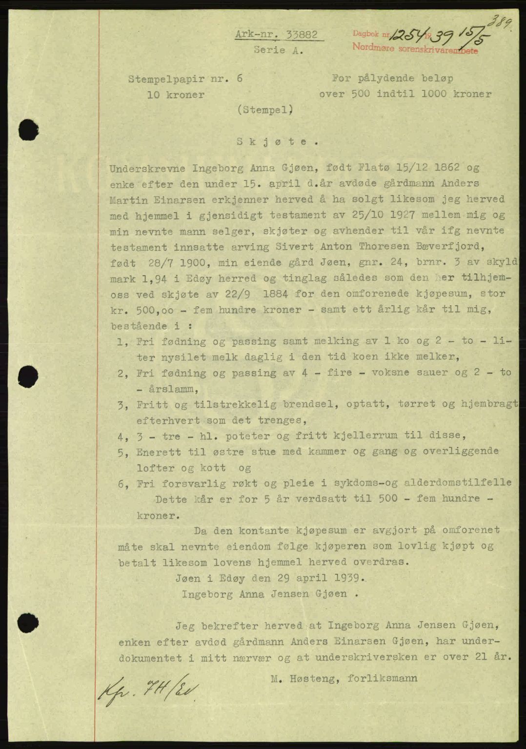 Nordmøre sorenskriveri, AV/SAT-A-4132/1/2/2Ca: Mortgage book no. A86, 1939-1939, Diary no: : 1254/1939