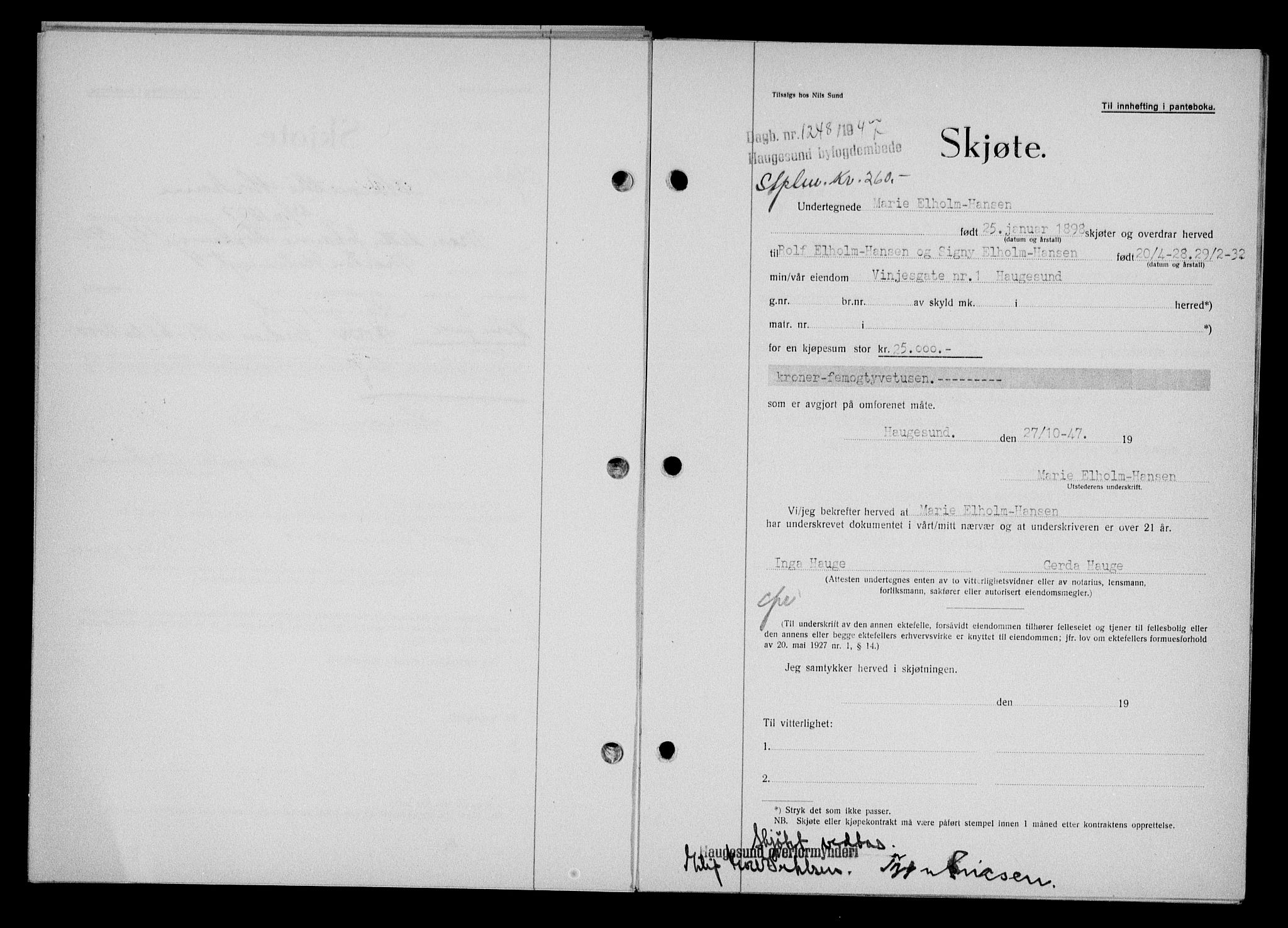 Haugesund tingrett, SAST/A-101415/01/II/IIC/L0063: Mortgage book no. A 4, 1946-1948, Diary no: : 1248/1947