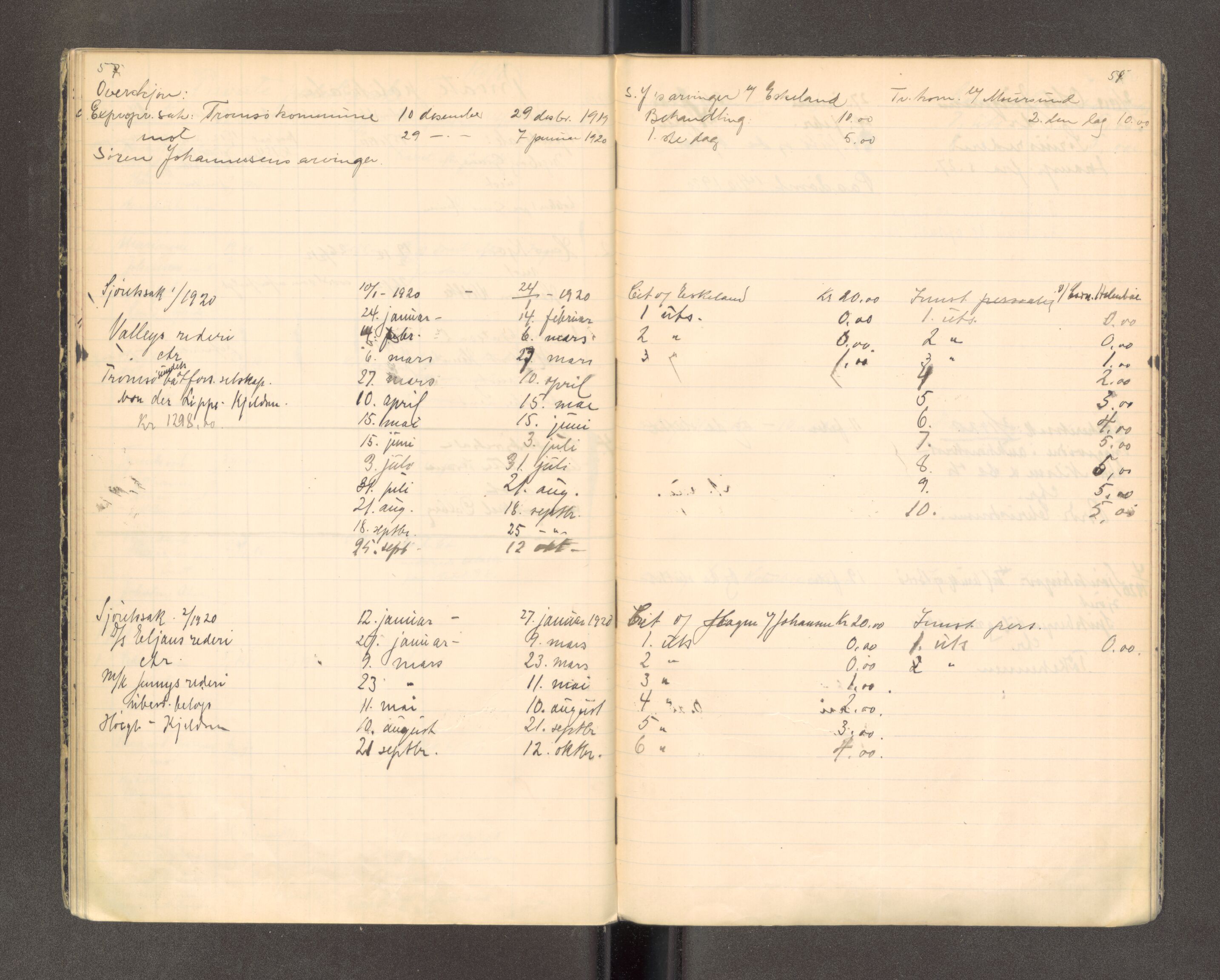 Tromsø byfogd/byrett, AV/SATØ-SATØ-0063/1/F/Fc/L0082: Journal over ekstrarettssaker, 1910-1920, p. 57-58