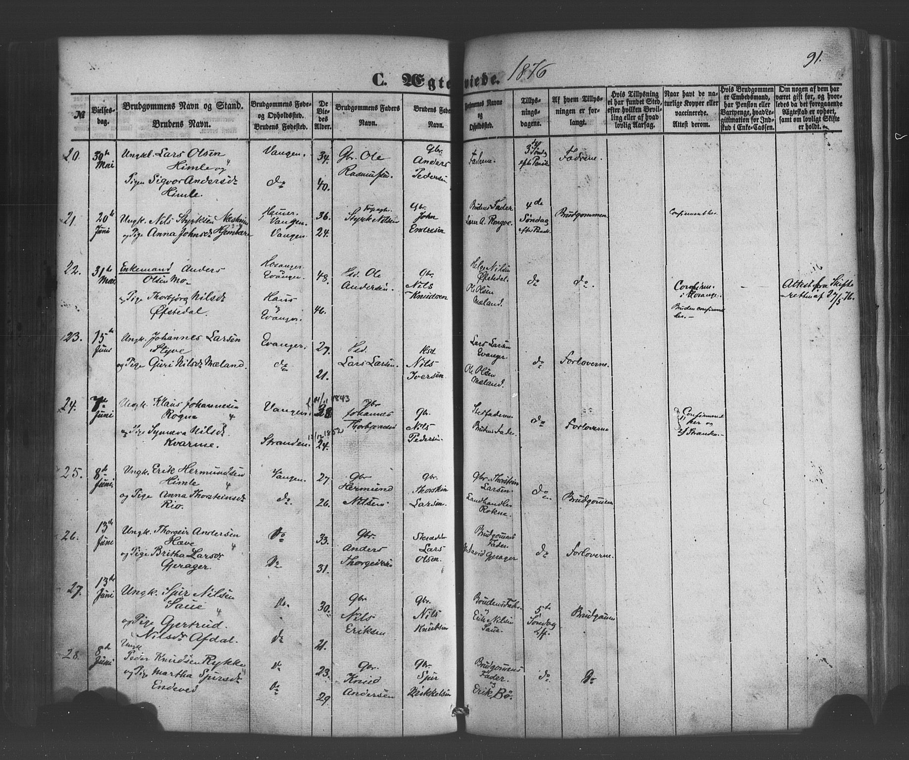 Voss sokneprestembete, SAB/A-79001/H/Haa: Parish register (official) no. A 19, 1851-1886, p. 91