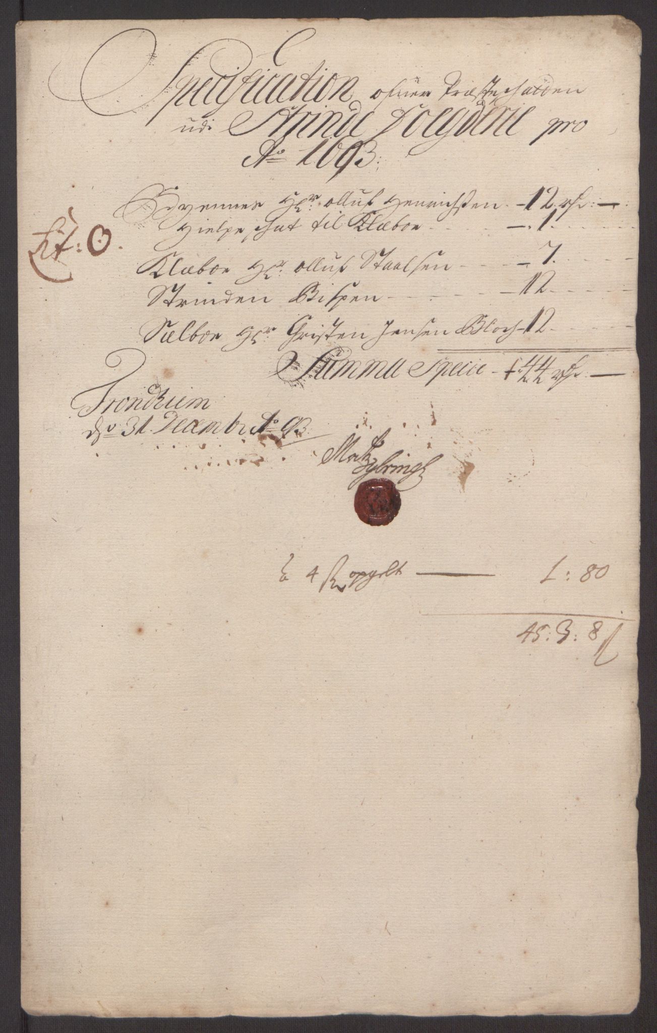 Rentekammeret inntil 1814, Reviderte regnskaper, Fogderegnskap, RA/EA-4092/R61/L4104: Fogderegnskap Strinda og Selbu, 1693-1694, p. 145