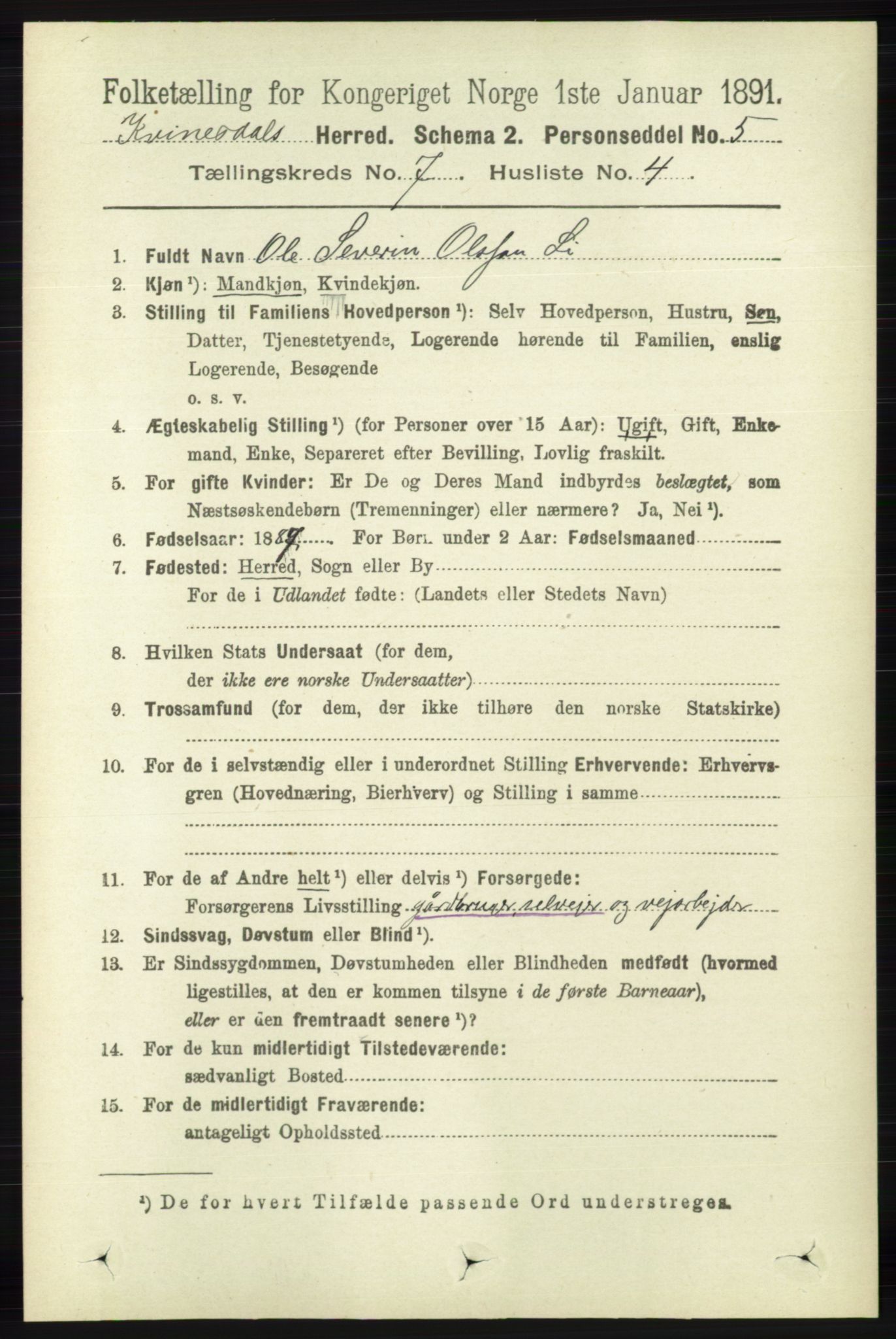 RA, 1891 census for 1037 Kvinesdal, 1891, p. 2443