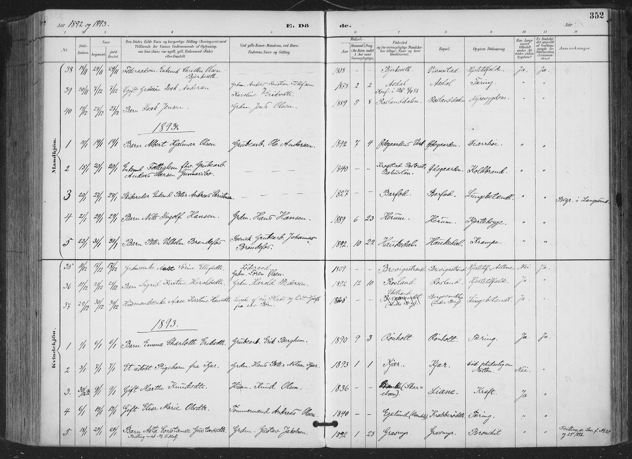 Bamble kirkebøker, SAKO/A-253/F/Fa/L0008: Parish register (official) no. I 8, 1888-1900, p. 352