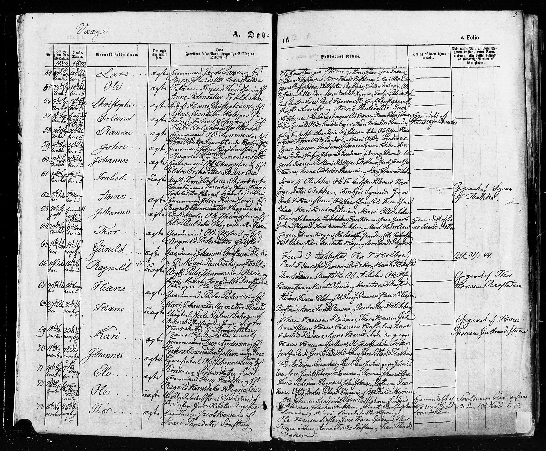 Vågå prestekontor, SAH/PREST-076/H/Ha/Haa/L0007: Parish register (official) no. 7 /1, 1872-1886, p. 5