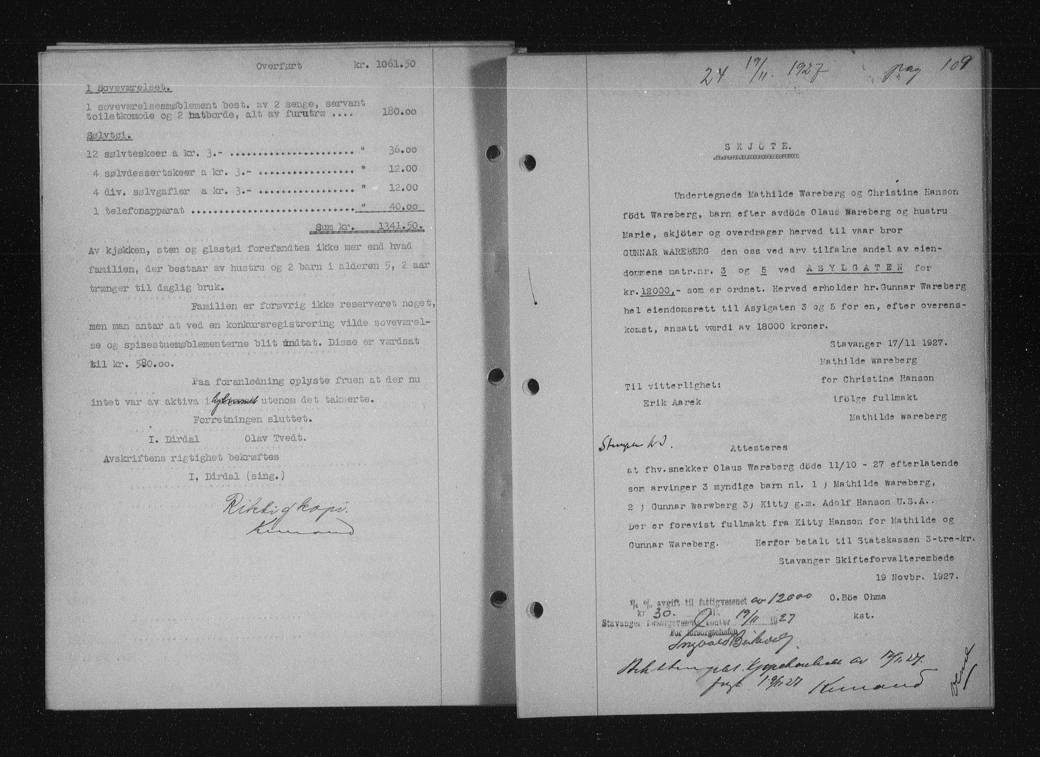 Stavanger byfogd, SAST/A-101408/001/4/41/410/410BB/L0053: Mortgage book no. 41, 1927-1928, Deed date: 19.11.1927