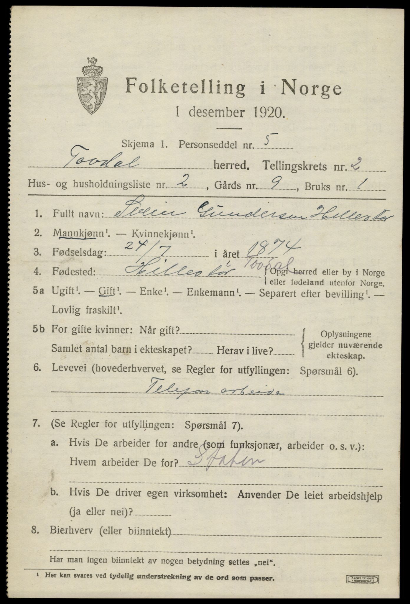 SAK, 1920 census for Tovdal, 1920, p. 331