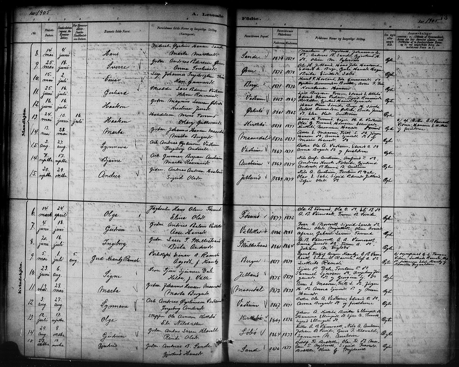 Lavik sokneprestembete, SAB/A-80901: Parish register (copy) no. B 3, 1882-1913, p. 73