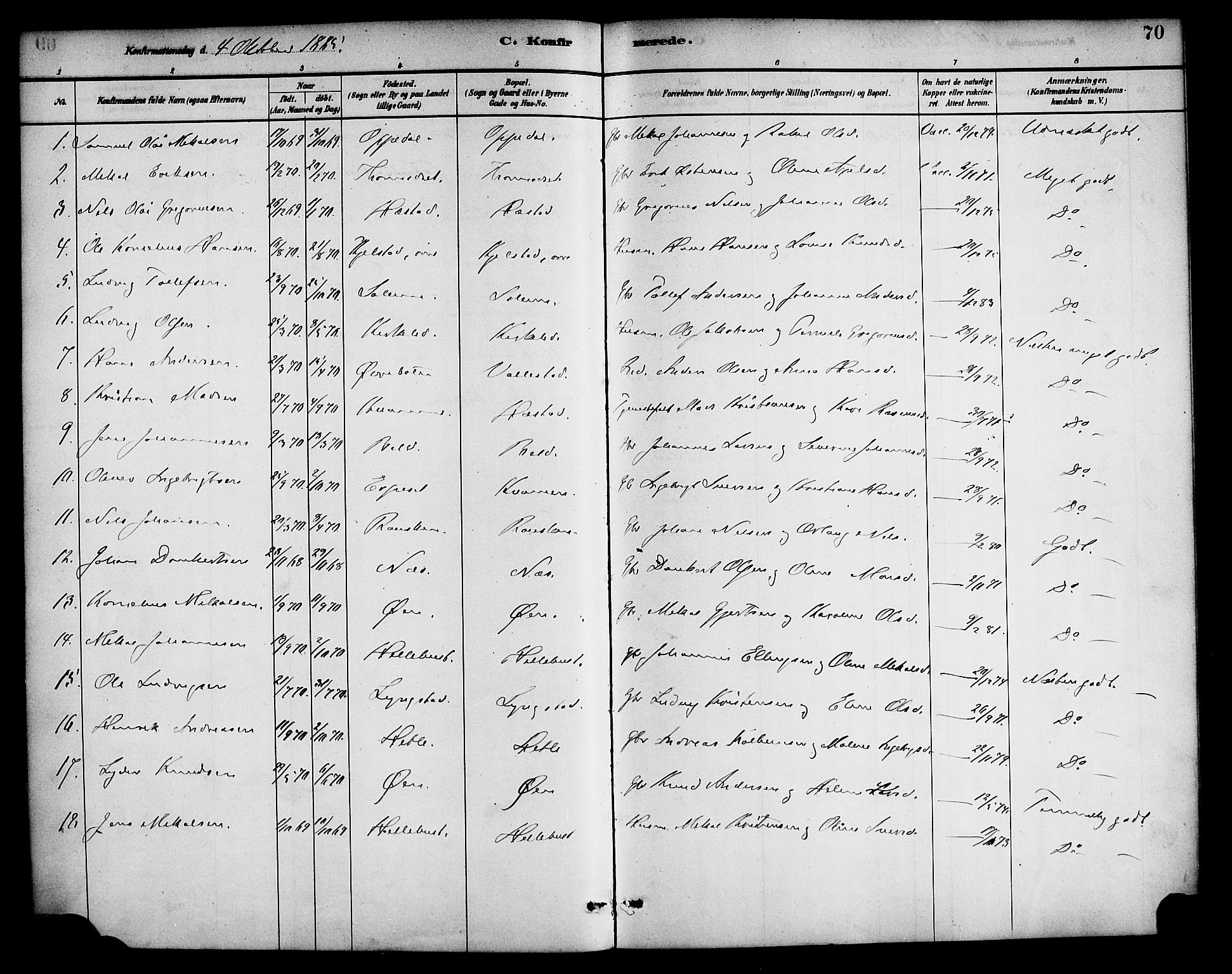 Gaular sokneprestembete, AV/SAB-A-80001/H/Haa: Parish register (official) no. D 1, 1882-1899, p. 70