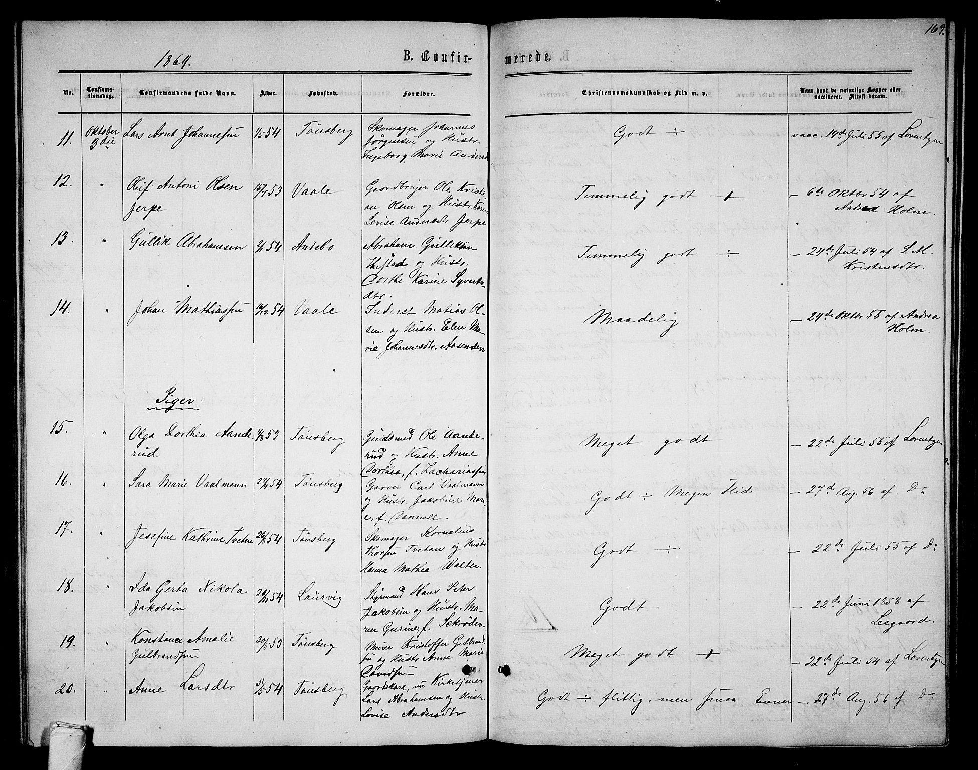 Tønsberg kirkebøker, AV/SAKO-A-330/G/Ga/L0004: Parish register (copy) no. 4, 1865-1874, p. 169