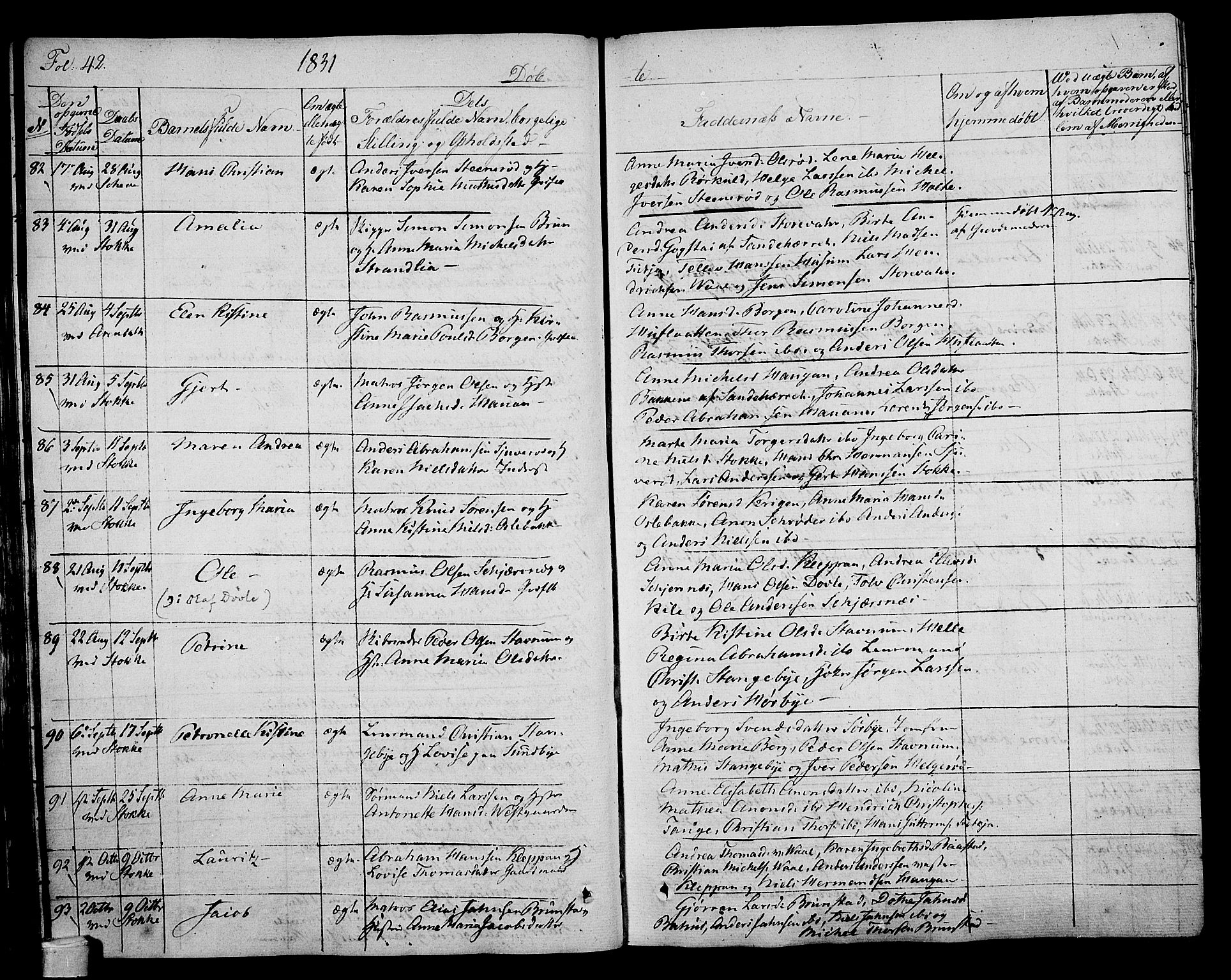 Stokke kirkebøker, AV/SAKO-A-320/F/Fa/L0006: Parish register (official) no. I 6, 1826-1843, p. 42