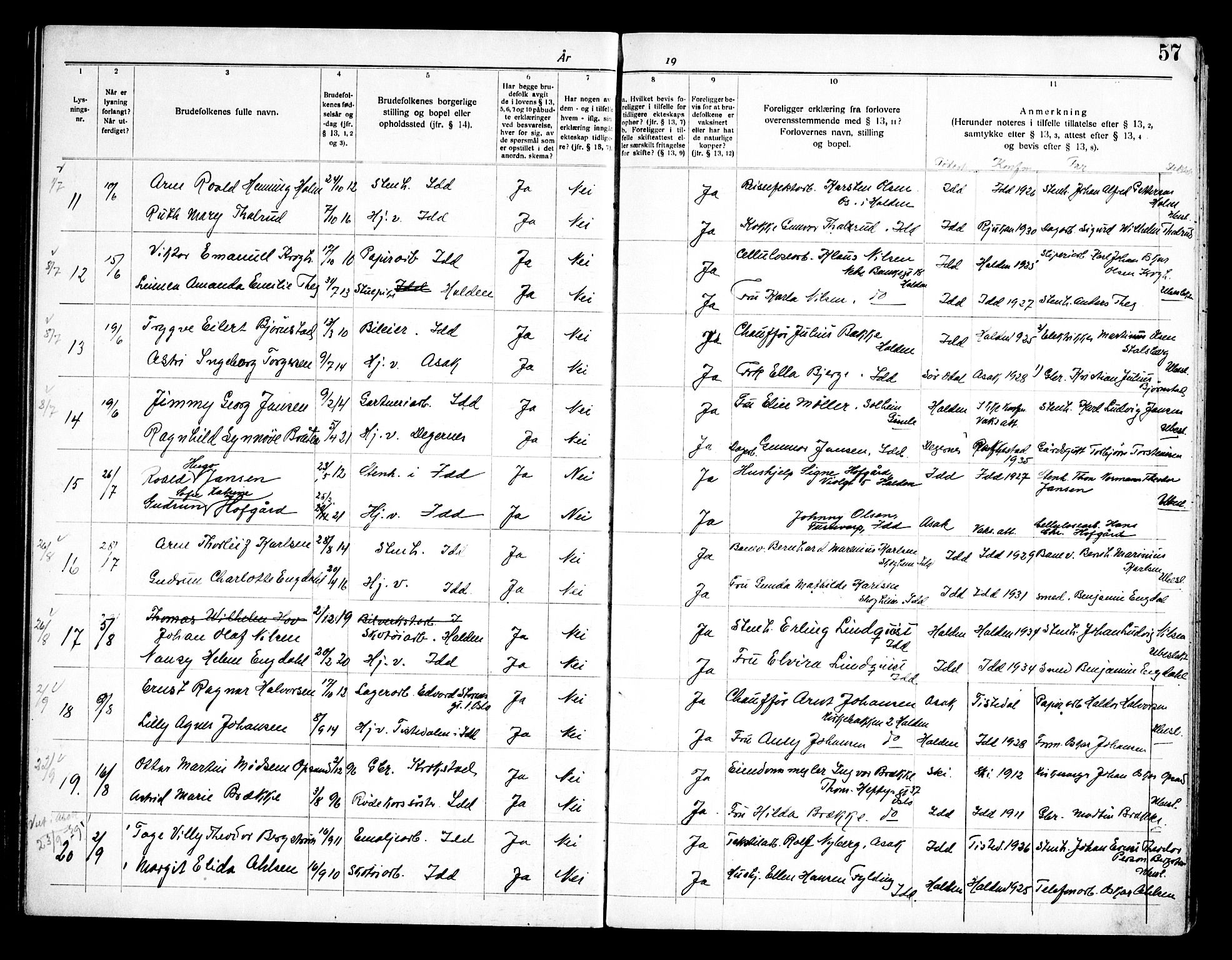 Idd prestekontor Kirkebøker, SAO/A-10911/H/Ha/L0002: Banns register no. I 2, 1919-1958, p. 57