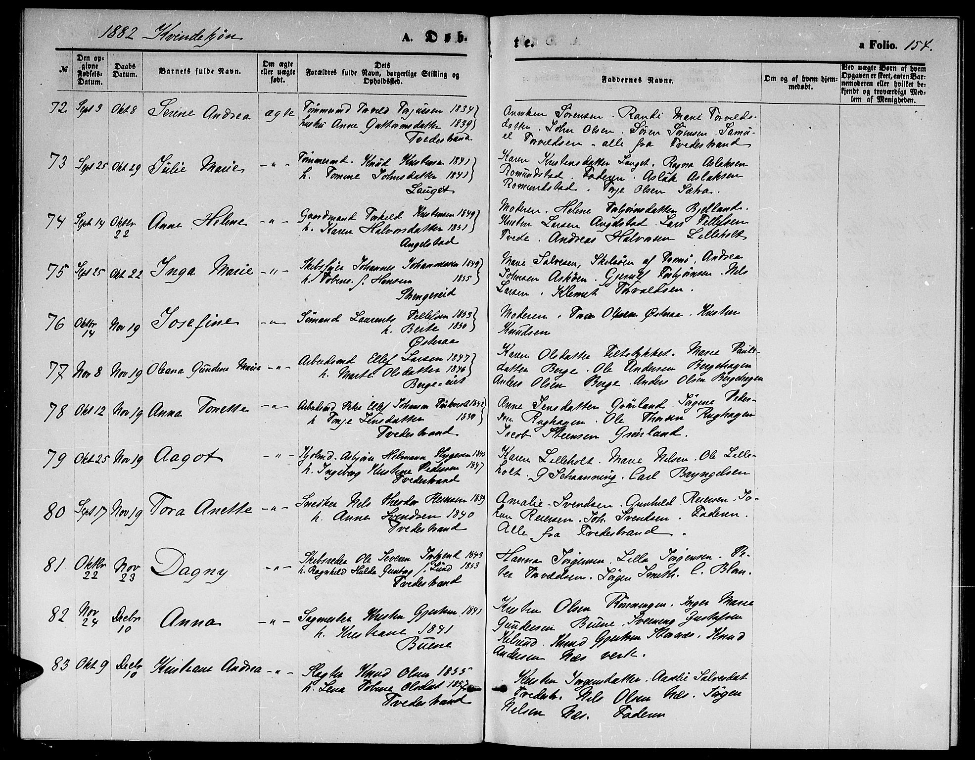 Holt sokneprestkontor, SAK/1111-0021/F/Fb/L0009: Parish register (copy) no. B 9, 1871-1883, p. 154