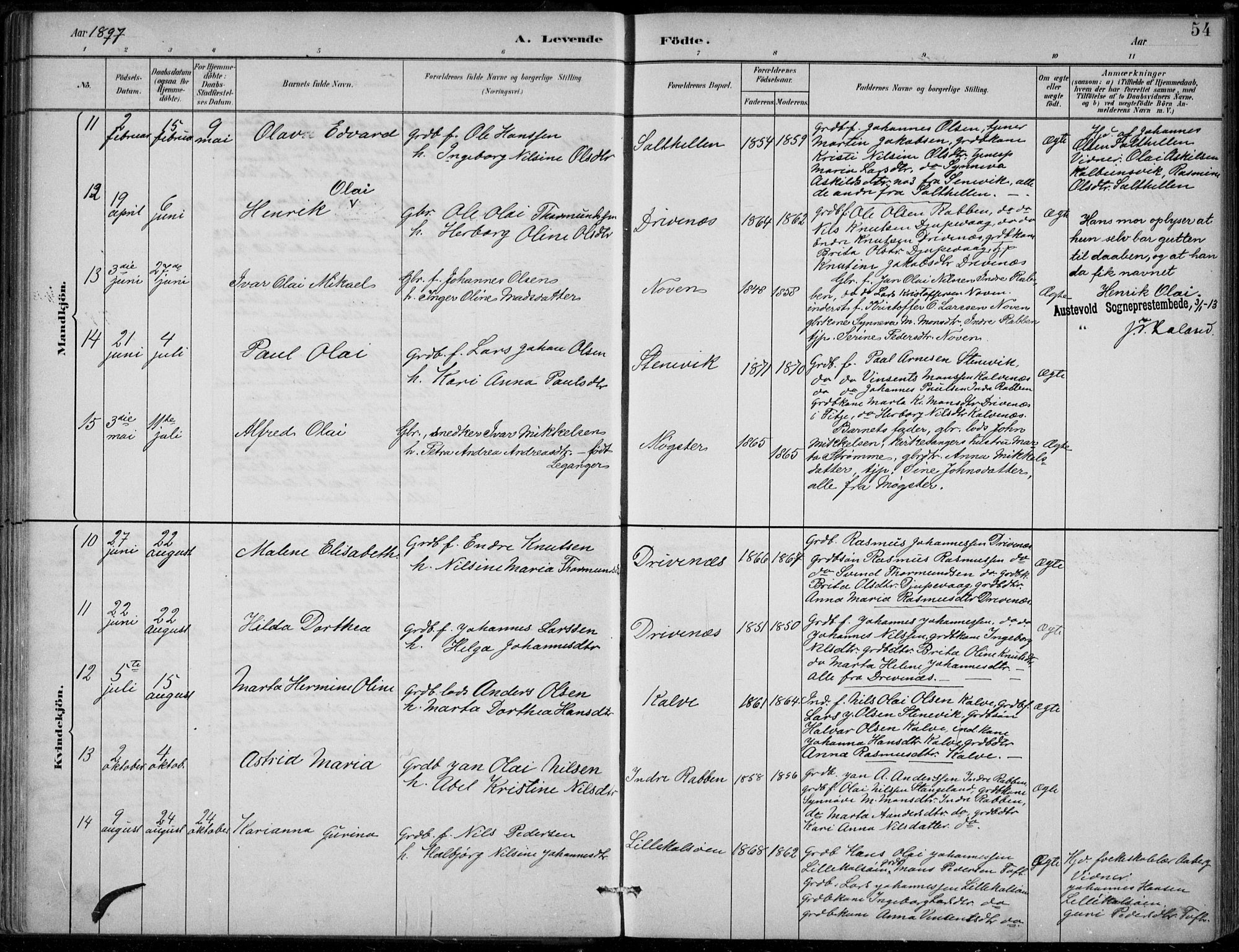 Sund sokneprestembete, AV/SAB-A-99930: Parish register (official) no. D 1, 1882-1899, p. 54