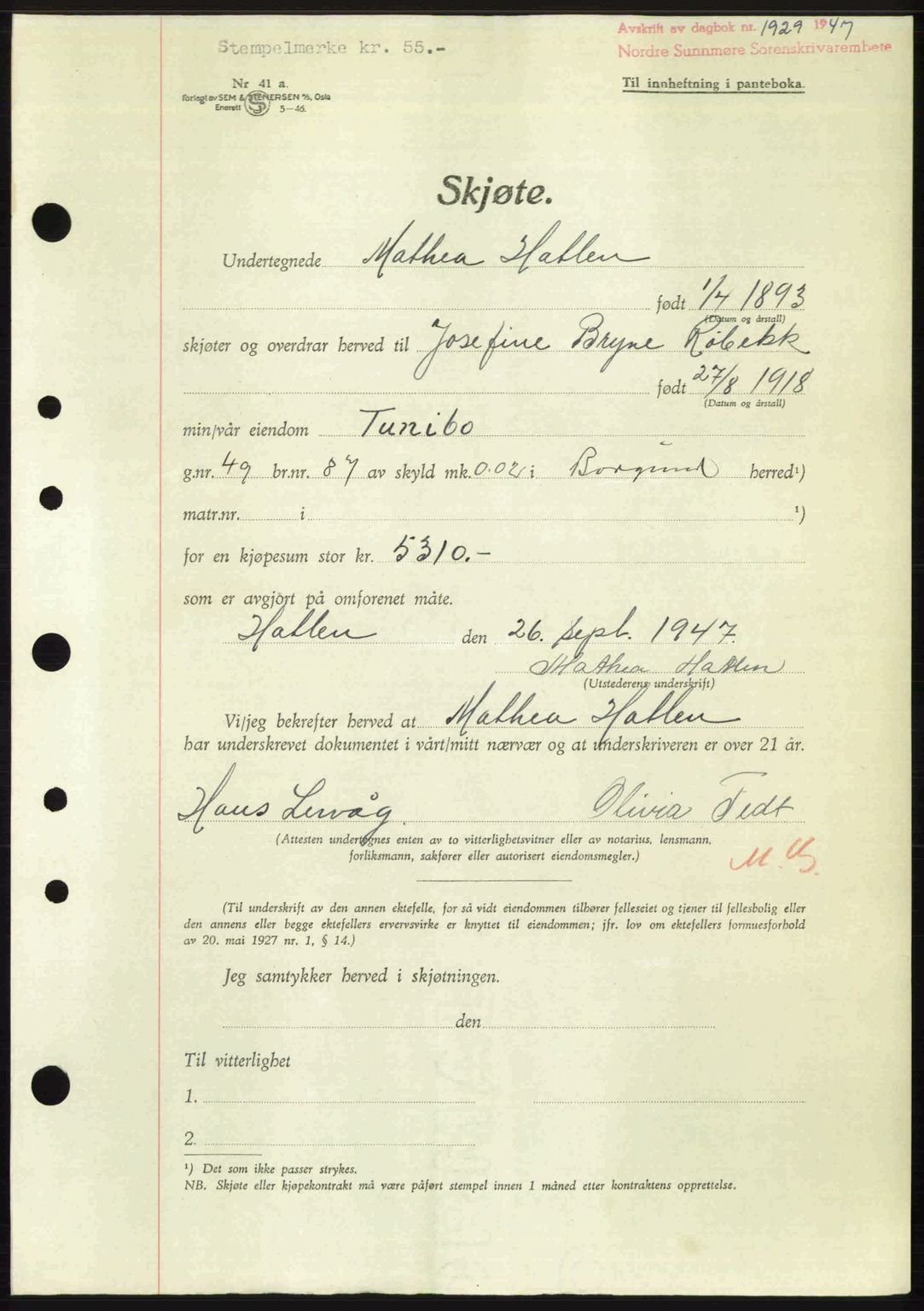 Nordre Sunnmøre sorenskriveri, AV/SAT-A-0006/1/2/2C/2Ca: Mortgage book no. A26, 1947-1948, Diary no: : 1929/1947