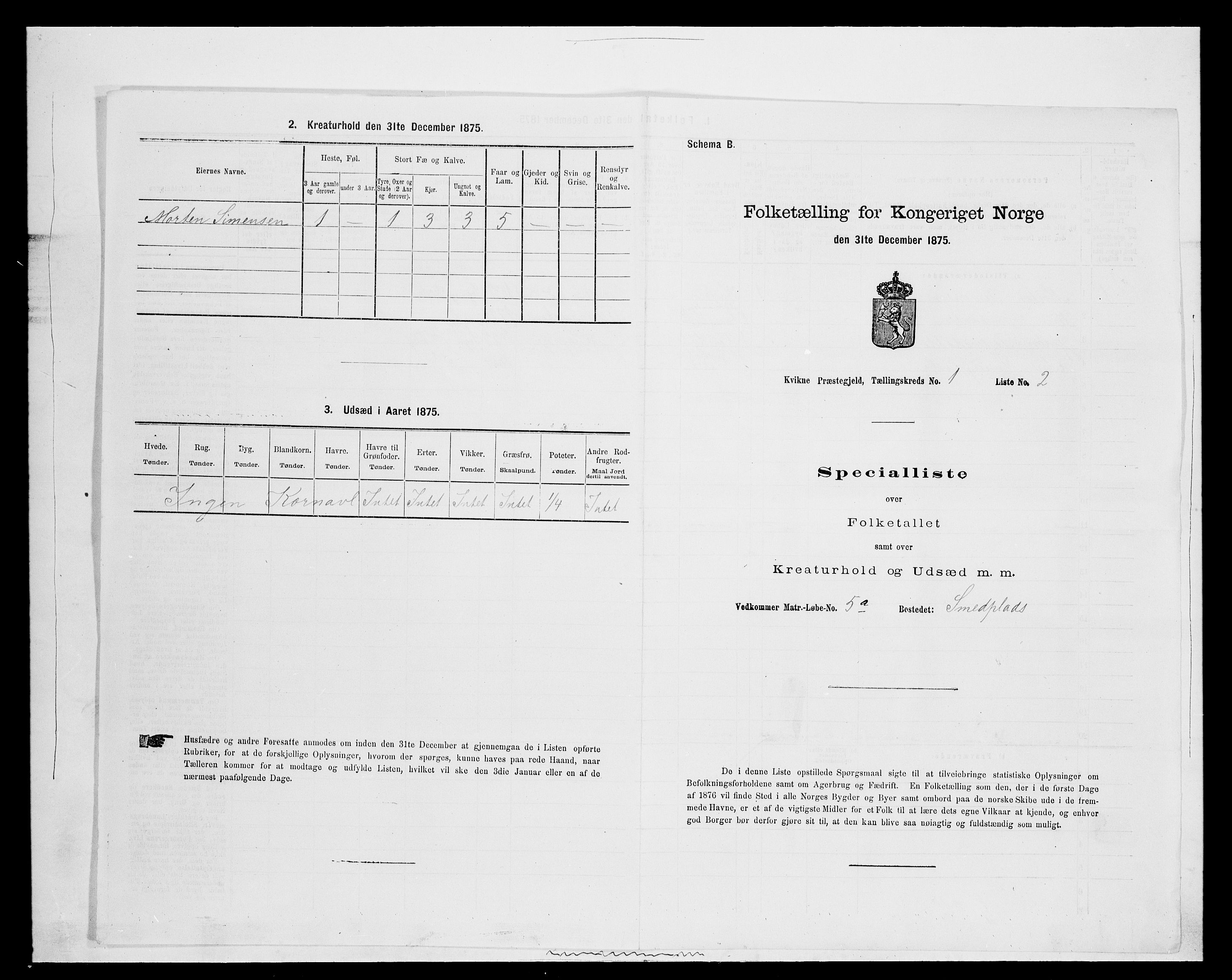 SAH, 1875 census for 0440P Kvikne, 1875, p. 75