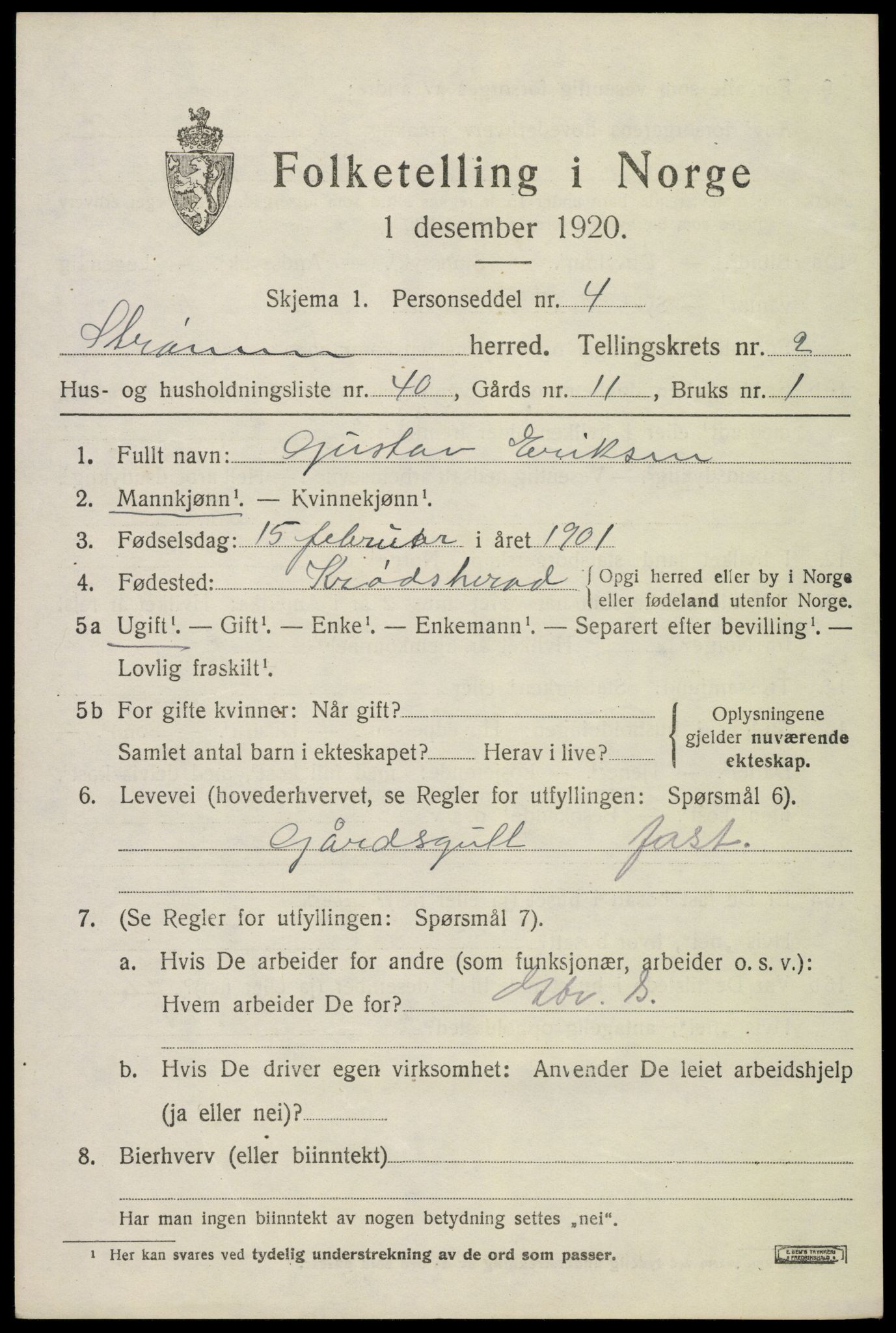 SAKO, 1920 census for Strømm, 1920, p. 2009