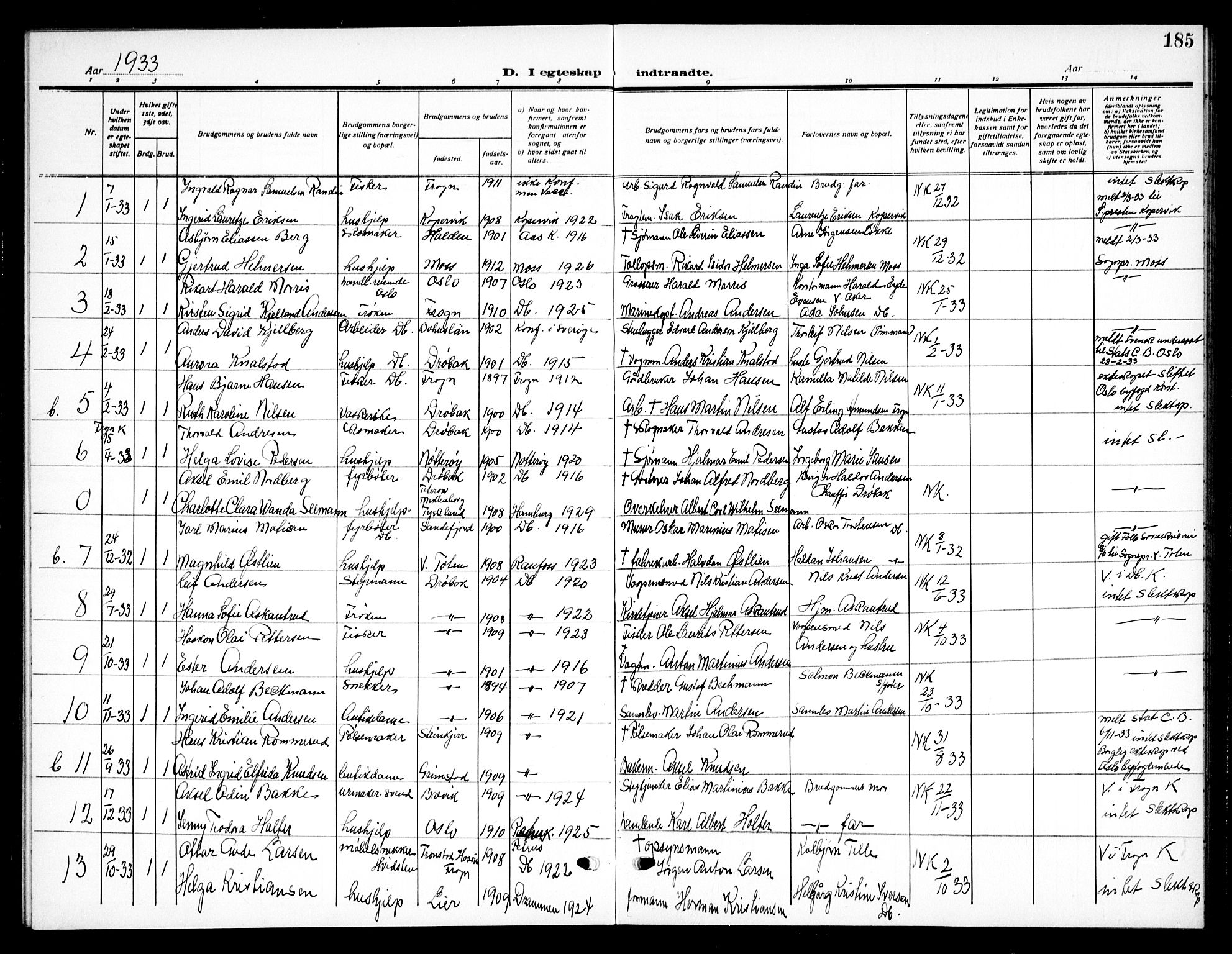 Drøbak prestekontor Kirkebøker, SAO/A-10142a/G/Ga/L0002: Parish register (copy) no. I 2, 1917-1932, p. 185