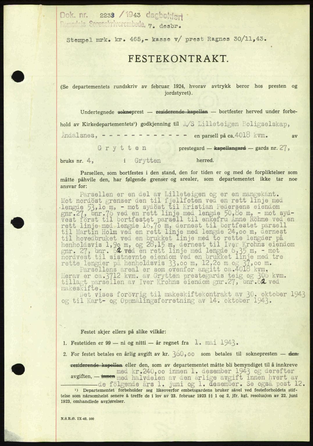 Romsdal sorenskriveri, AV/SAT-A-4149/1/2/2C: Mortgage book no. A15, 1943-1944, Diary no: : 2233/1943