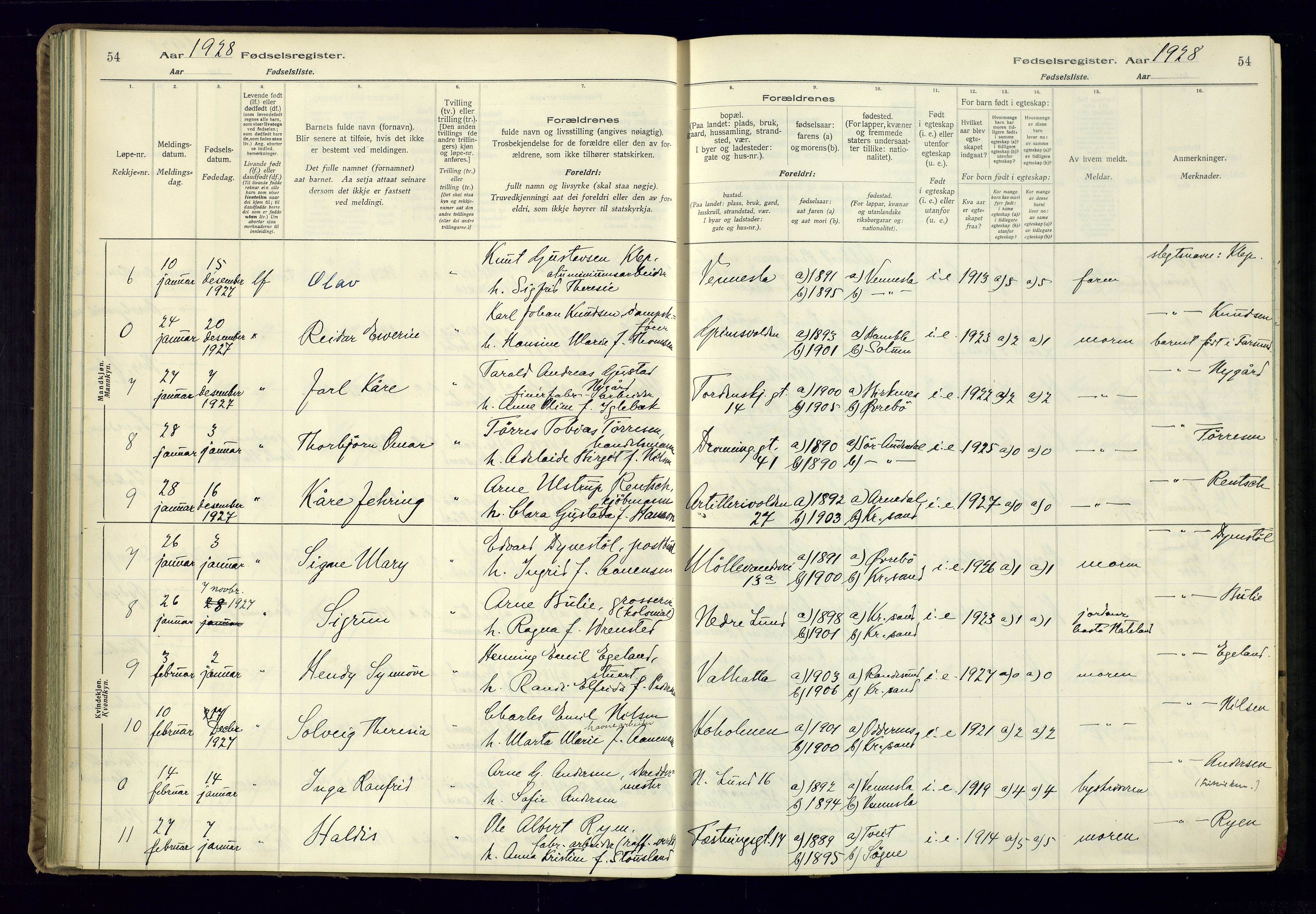 Kristiansand domprosti, SAK/1112-0006/J/Jc/L0003: Birth register no. A-VI-47, 1926-1931, p. 54