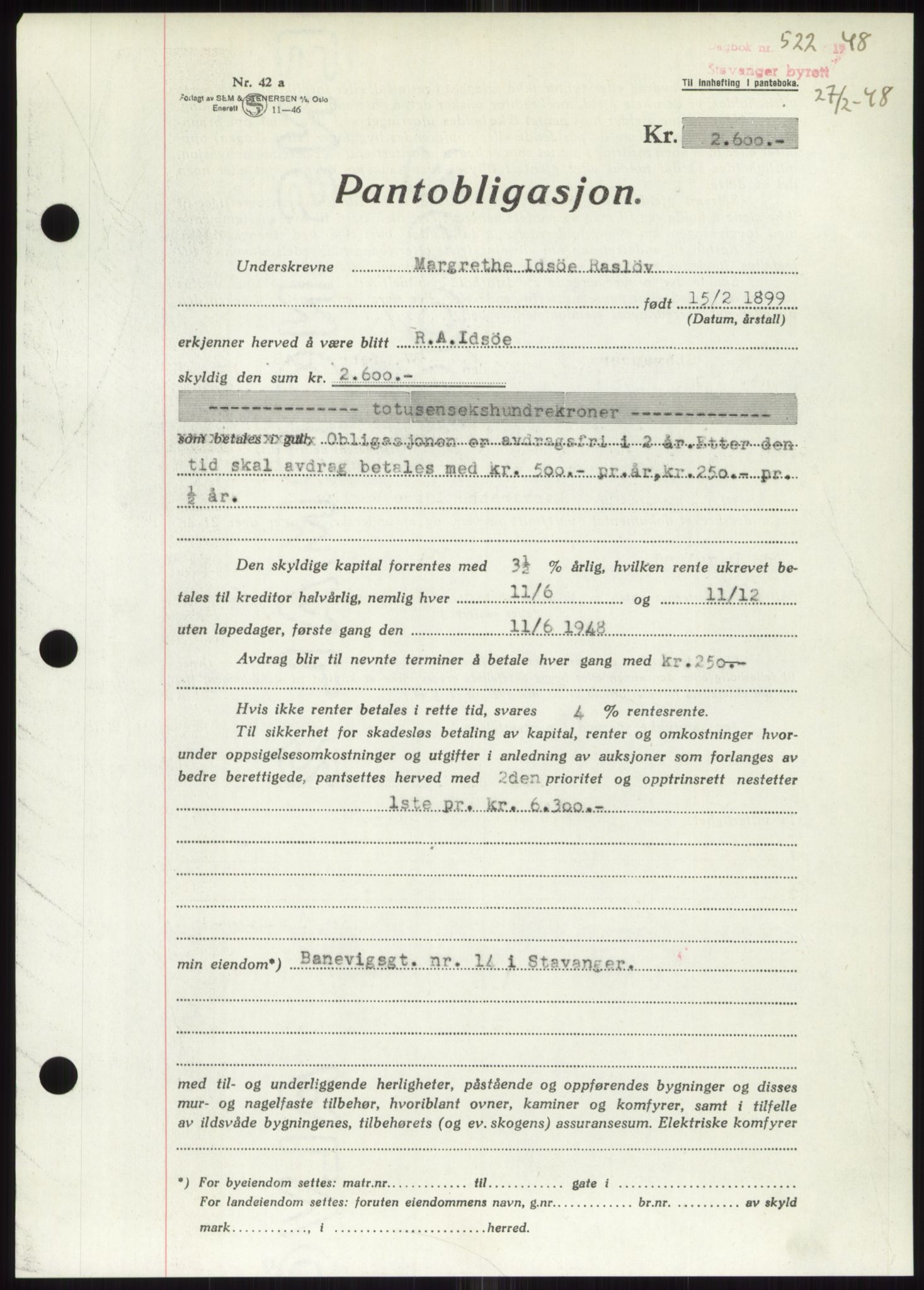Stavanger byrett, SAST/A-100455/002/G/Gb/L0032: Mortgage book, 1947-1950, Diary no: : 522/1948