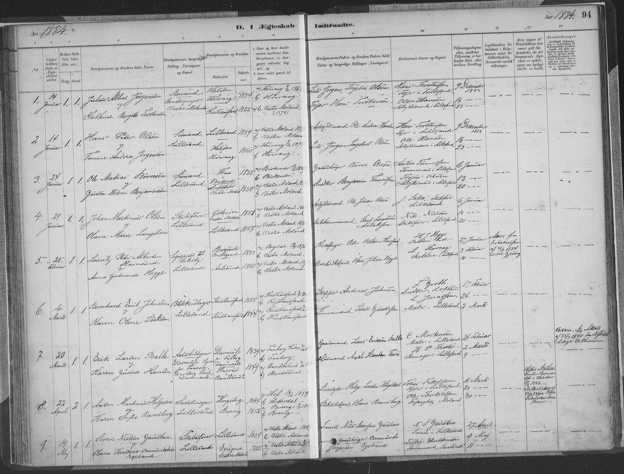 Vestre Moland sokneprestkontor, AV/SAK-1111-0046/F/Fa/Faa/L0001: Parish register (official) no. A 1, 1884-1899, p. 94