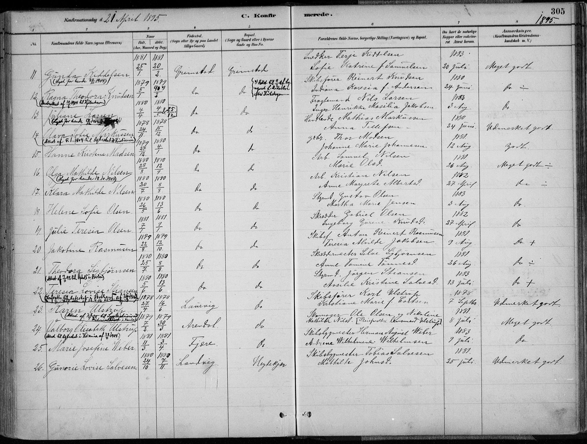 Grimstad sokneprestkontor, SAK/1111-0017/F/Fa/L0003: Parish register (official) no. A 2, 1882-1912, p. 305