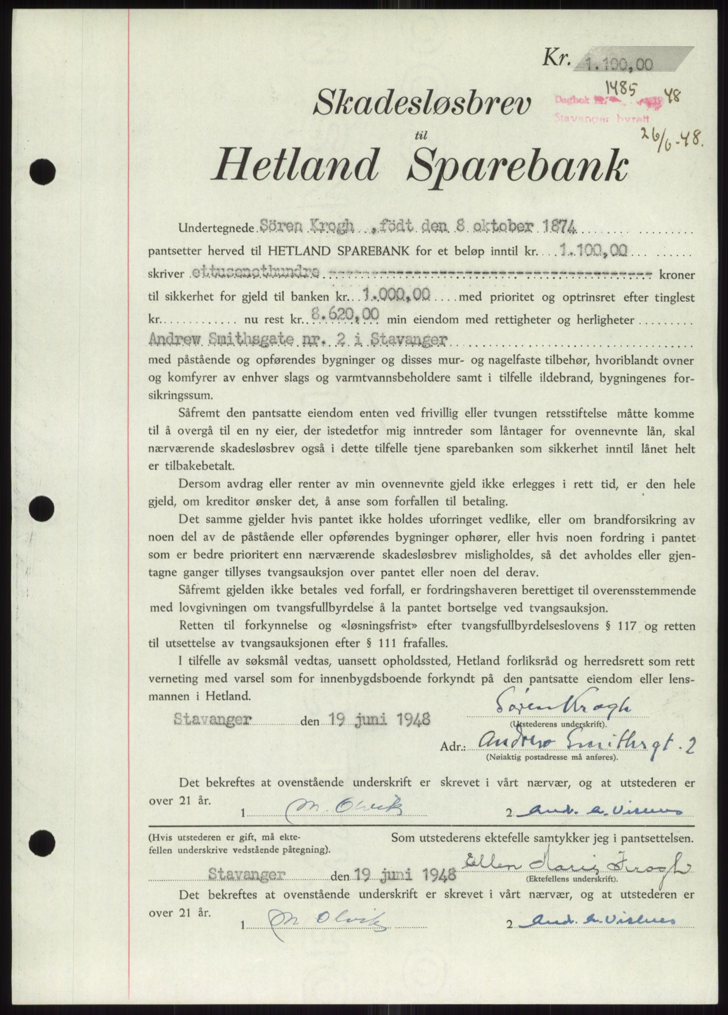 Stavanger byrett, SAST/A-100455/002/G/Gb/L0032: Mortgage book, 1947-1950, Diary no: : 1485/1948