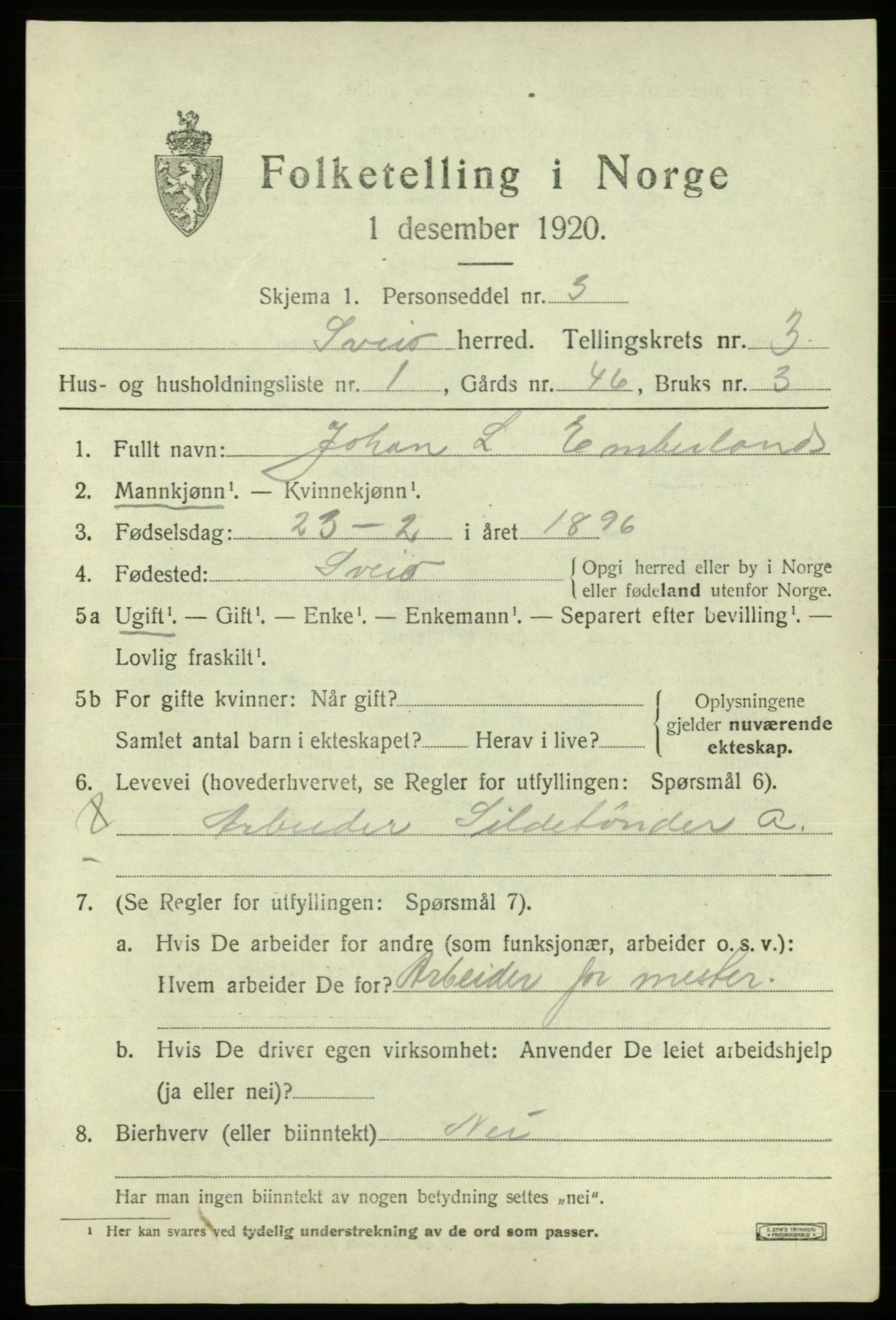 SAB, 1920 census for Sveio, 1920, p. 1512