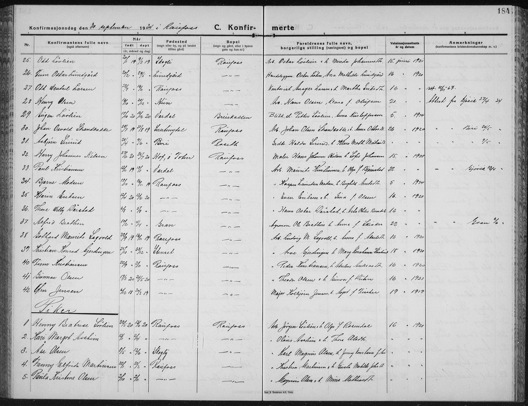 Vestre Toten prestekontor, AV/SAH-PREST-108/H/Ha/Hab/L0018: Parish register (copy) no. 18, 1928-1941, p. 184