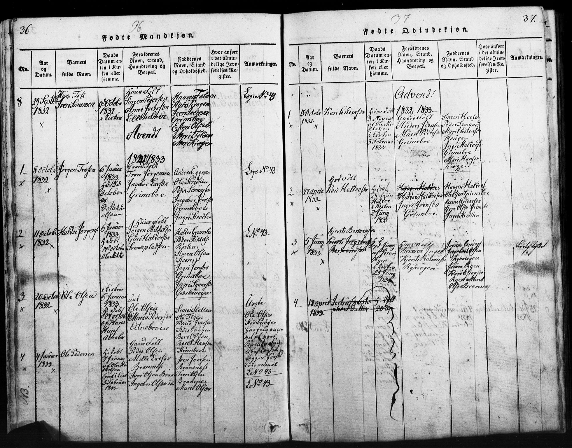 Tynset prestekontor, SAH/PREST-058/H/Ha/Hab/L0003: Parish register (copy) no. 3, 1814-1862, p. 36-37