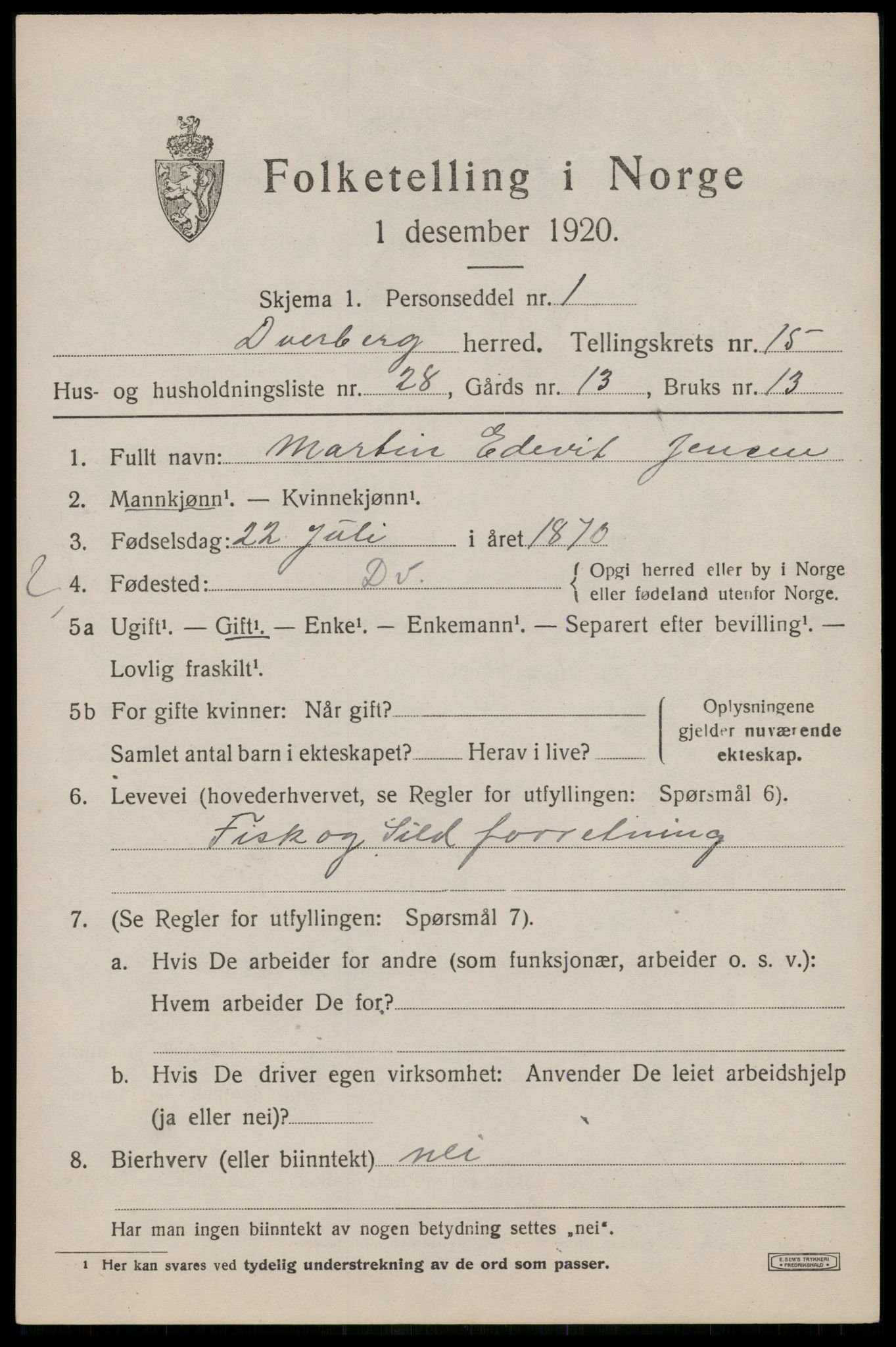 SAT, 1920 census for Dverberg, 1920, p. 11304