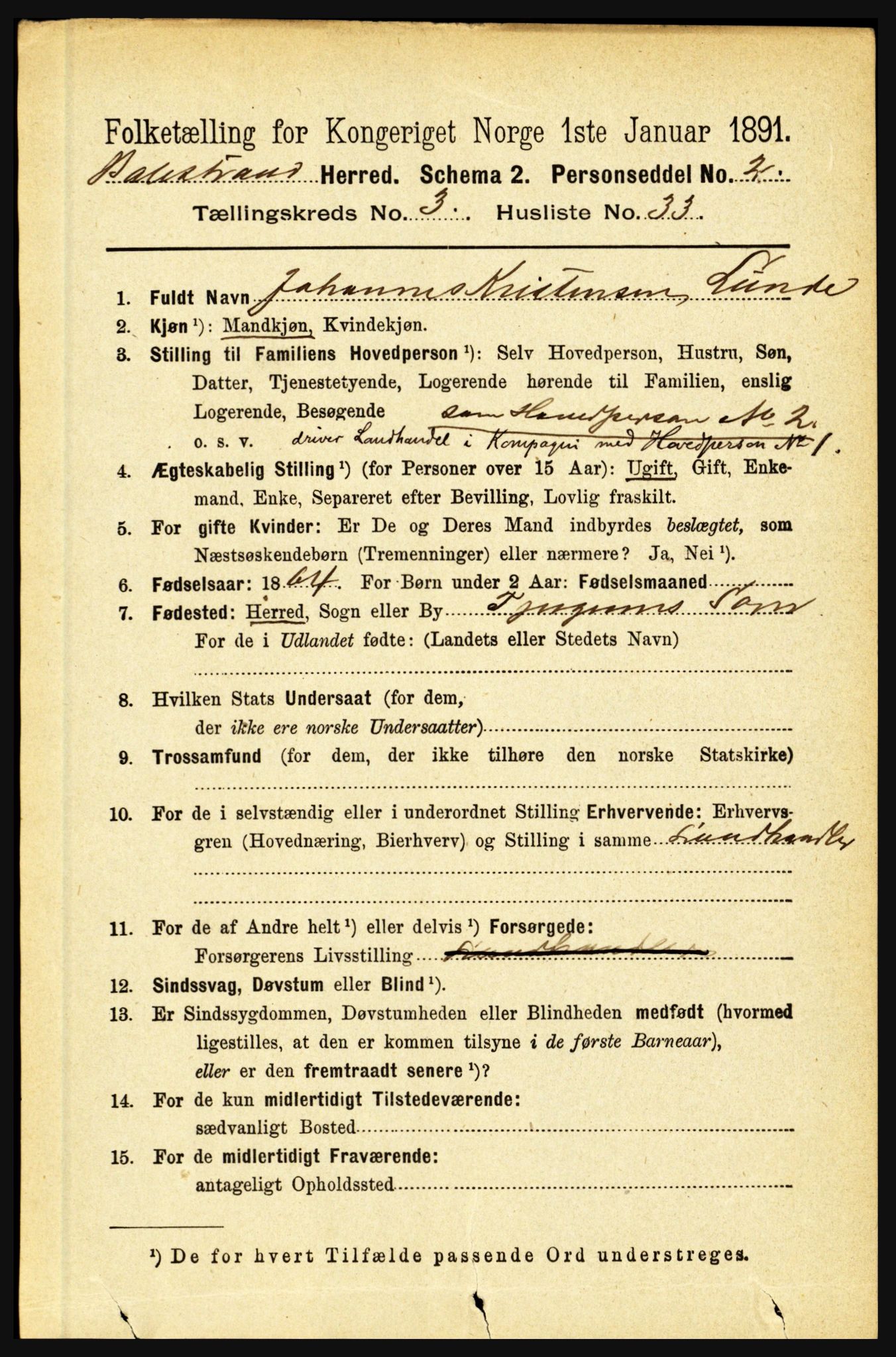 RA, 1891 census for 1418 Balestrand, 1891, p. 797