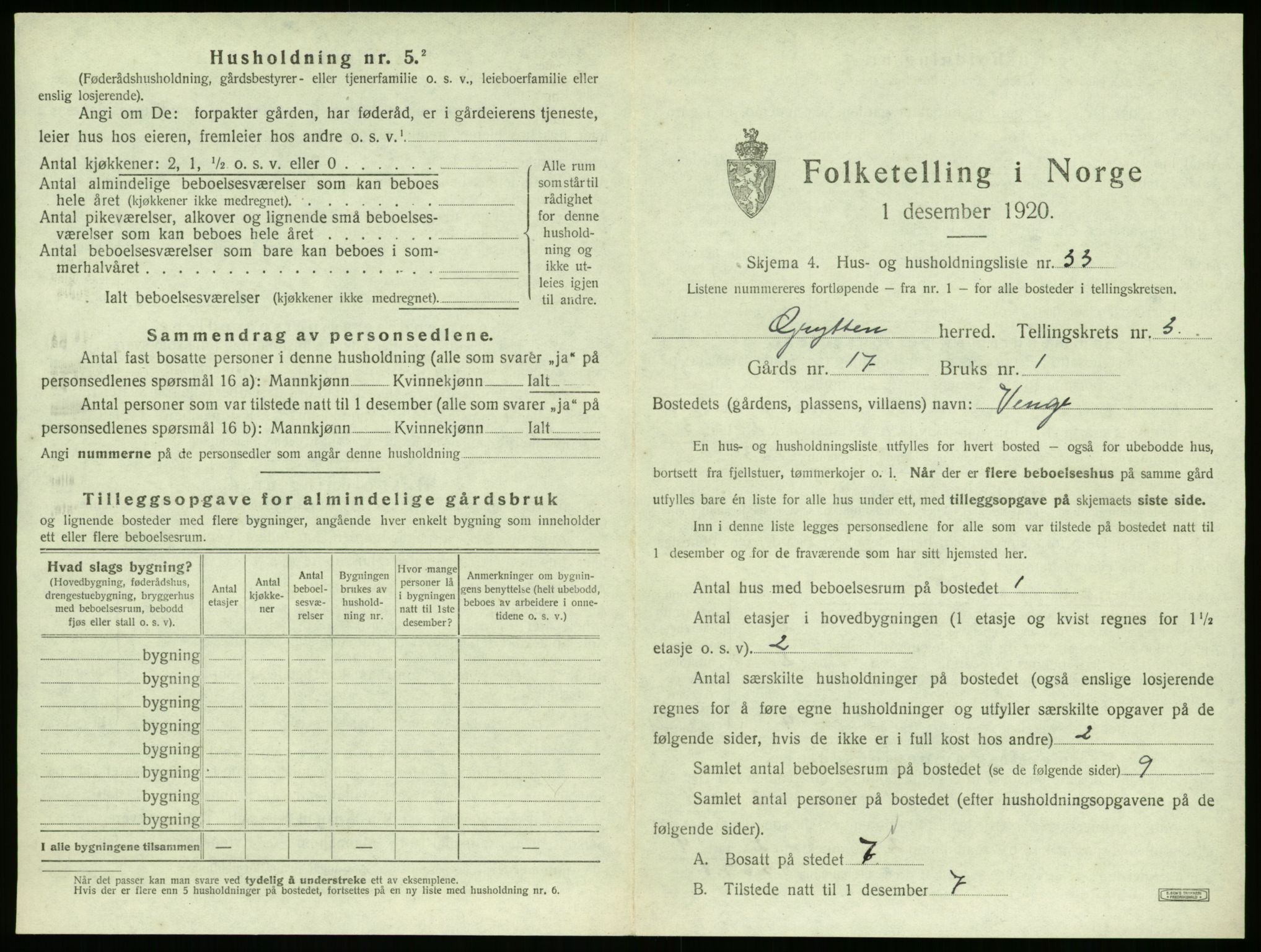 SAT, 1920 census for Grytten, 1920, p. 350