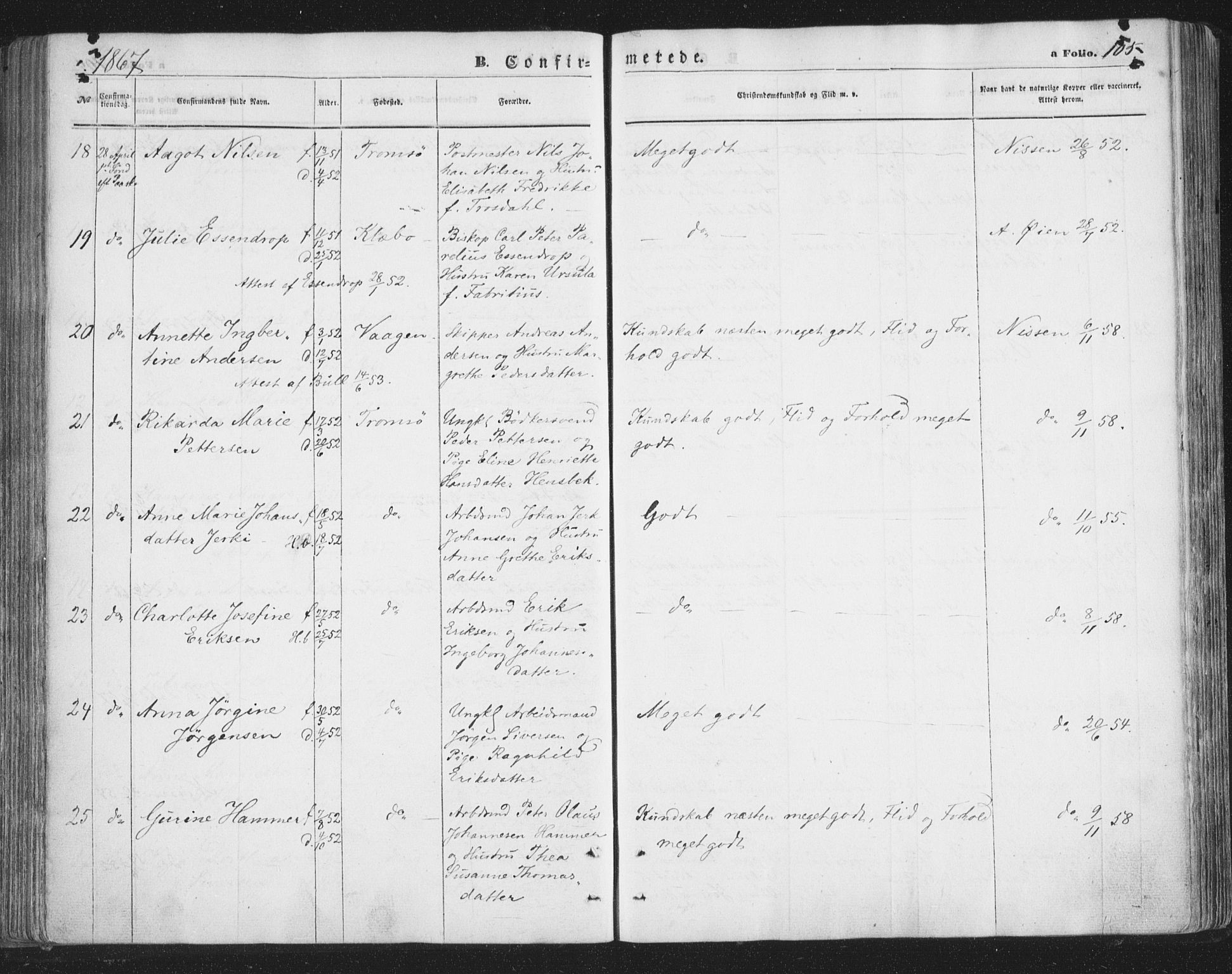 Tromsø sokneprestkontor/stiftsprosti/domprosti, AV/SATØ-S-1343/G/Ga/L0012kirke: Parish register (official) no. 12, 1865-1871, p. 105